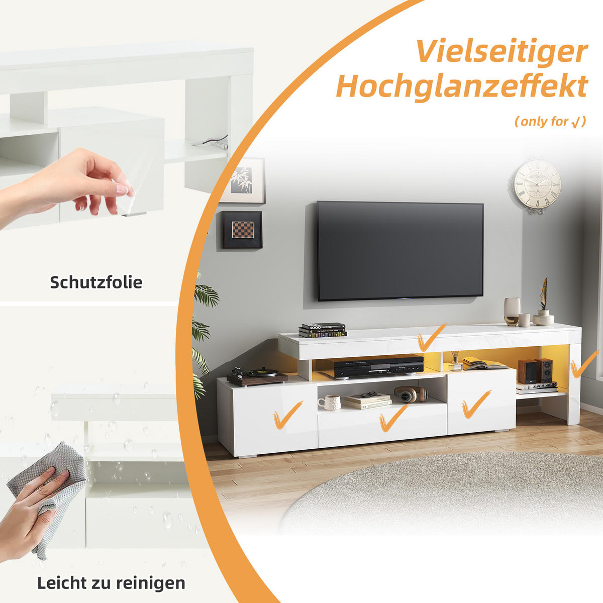 TV-LOWBOARD 192x37x53 cm Weiß LED 3 Schränke Hochglanz - Weiß, Holzwerkstoff (37/53/192cm) - FLIEKS