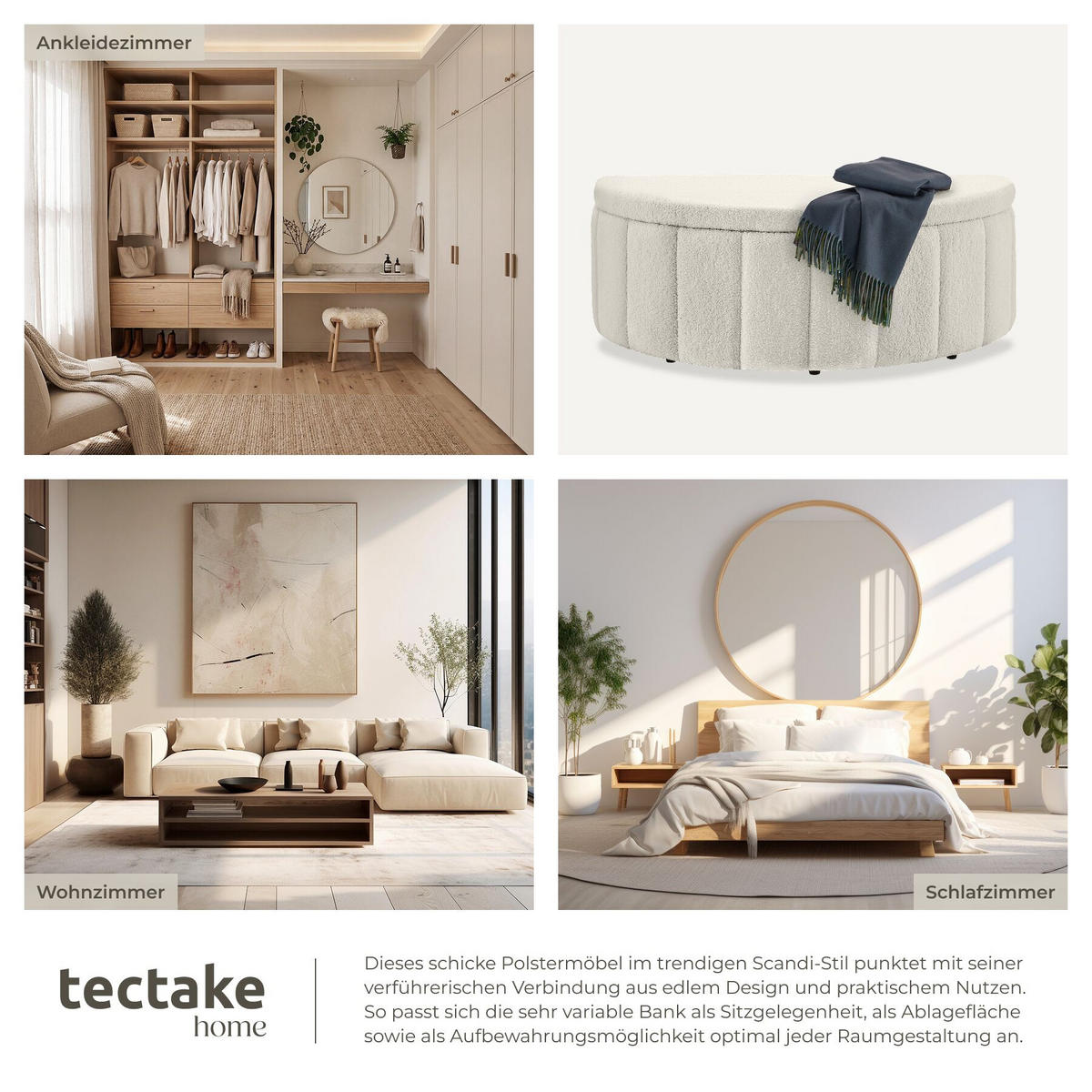 POLSTERBANK Moon mit großem Stauraum, Belastbarkeit 150 kg, 108 x 48 x 38,5 cm, Bouclé creme - Creme, Holz (108/40/48cm) - tectake