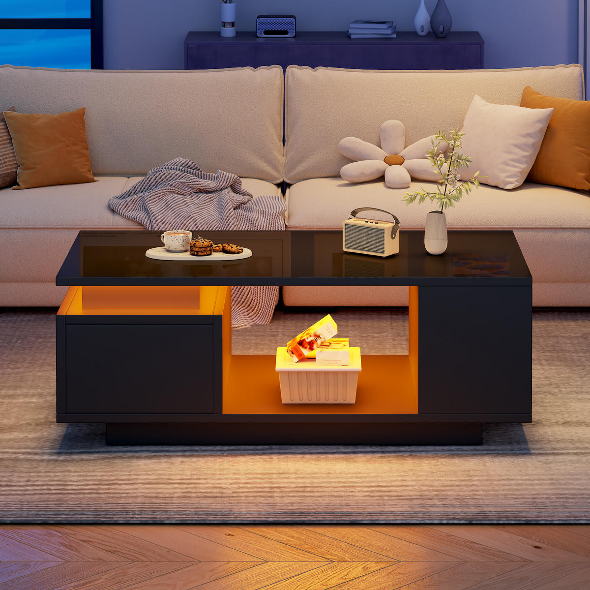COUCHTISCH Sideboard Schwarz 100/50/36 cm mit Schubladen und offenen Fächern, Hochglanz MDF App Steuerung - Schwarz, Holzwerkstoff (100/50/36cm) - EVRYAE