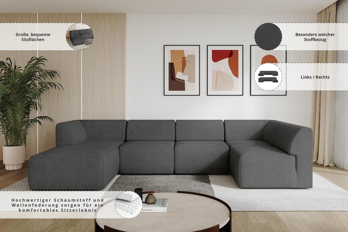 WOHNLANDSCHAFT Ottomane Links MOVA 345x180x78 Dunkelgrau Samt - Dunkelgrau/Anthrazit, Holzwerkstoff/Kunststoff (180/78/345cm) - ALTDECOR