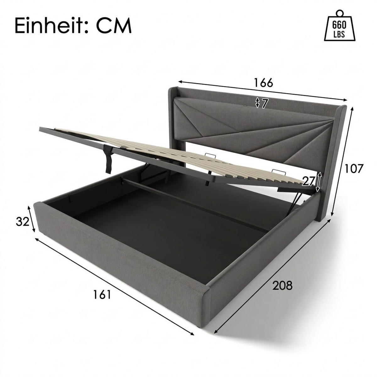 POLSTERBETT 160/200 cm Grau mit USB Typ C Ladefunktion und Stauraumbetten (Ohne Matratze) - Grau, Textil (160/200cm) - Oxeza