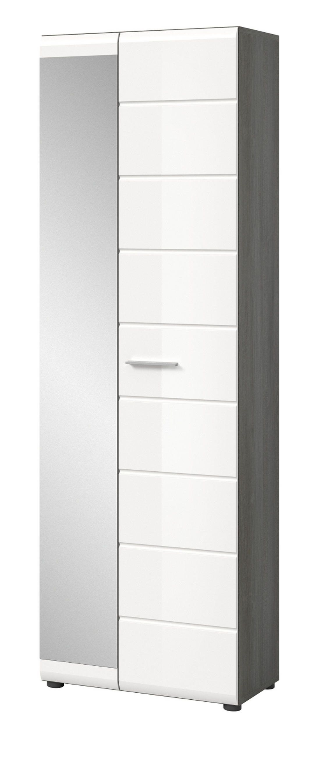 GARDEROBENSCHRANK weiß Hochglanz, grau 60 cm, Flurschrank mit Spiegeltür - Weiß Hochglanz/Silberfarben, Glas/Holzwerkstoff (60/192/37cm) - Inn.Furn