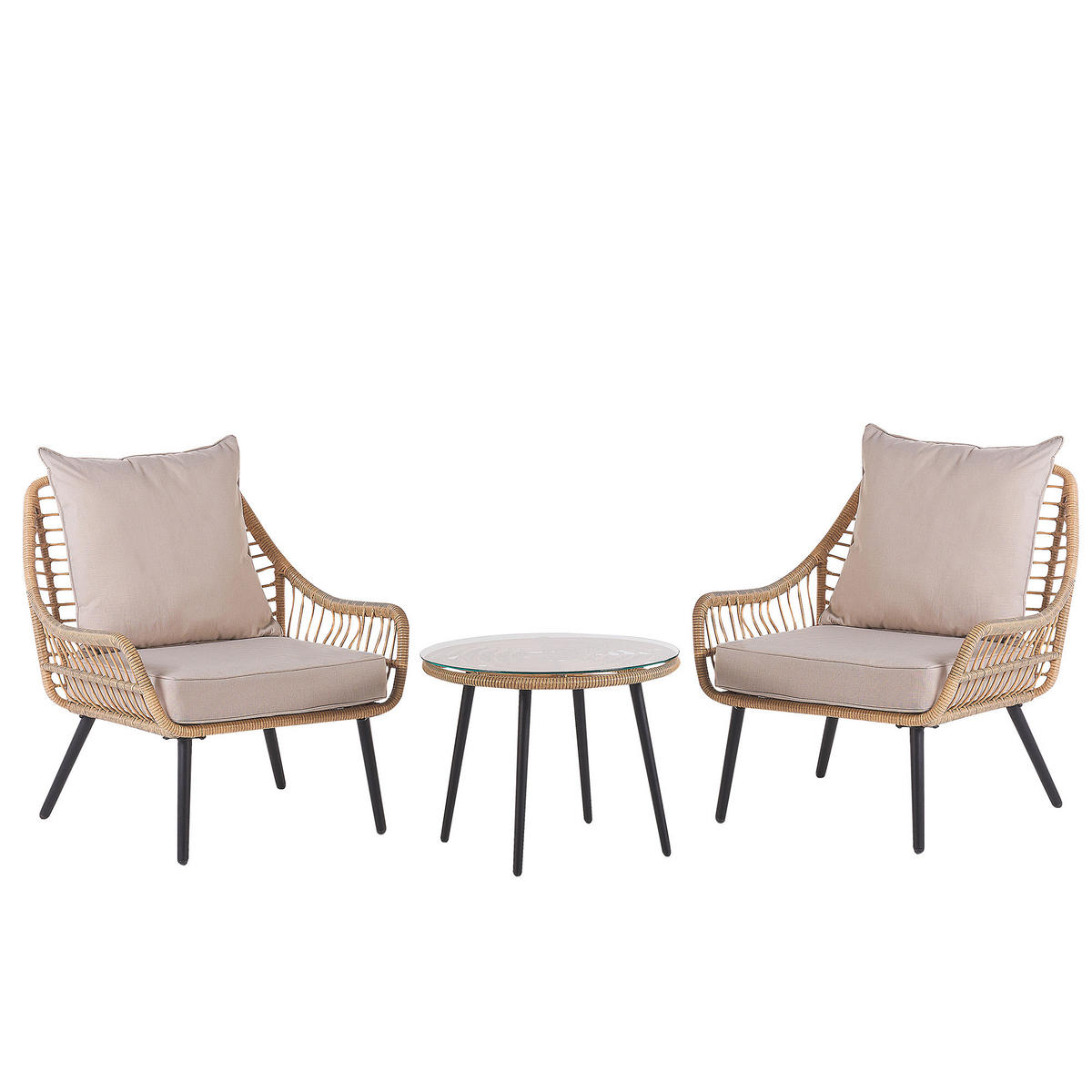 BALKONSET 2-Sitzer Rattan natürlich Auflagen beige Laureto - Beige/Schwarz, Kunststoff/Textil - Beliani