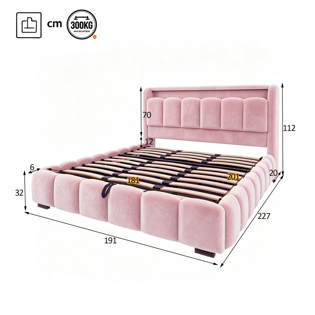 BOXBETT 180/200 mit LED/USB-C, Samt, Rosa - Rosa, Holz (180/200cm) - LVHOM