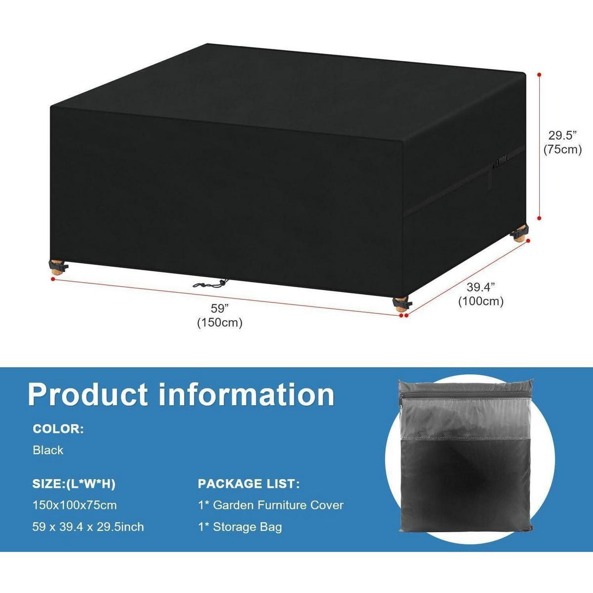 GARTENMÖBEL Abdeckung 150 x 100 x 75 cm Wasserdicht 420D Oxford - Schwarz, Textil (1/1/1cm)