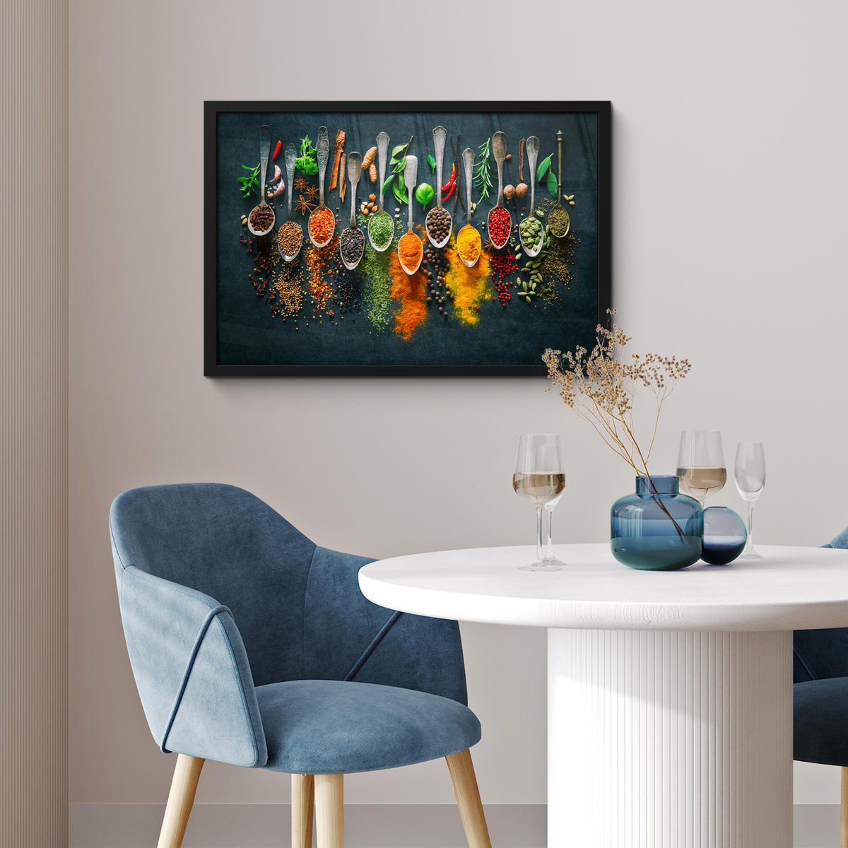 ZARÁMOVANÝ PLAGÁT Bylinky - korenie - lyžičky 60x40 cm - kari žltá, papier (60/40cm) - MuchoWow