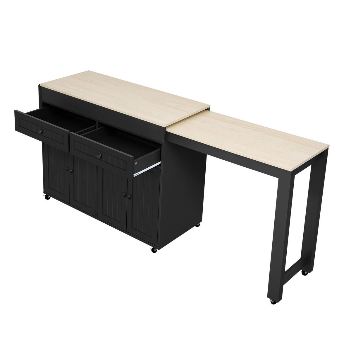 KÜCHENINSEL 112-180,5/45/92,2 cm mit ausziehbarer Arbeitsplatte und Rollen, MDF, Schwarz/Natur - Schwarz, Holzwerkstoff (180.5/92.2/45cm) - Redom