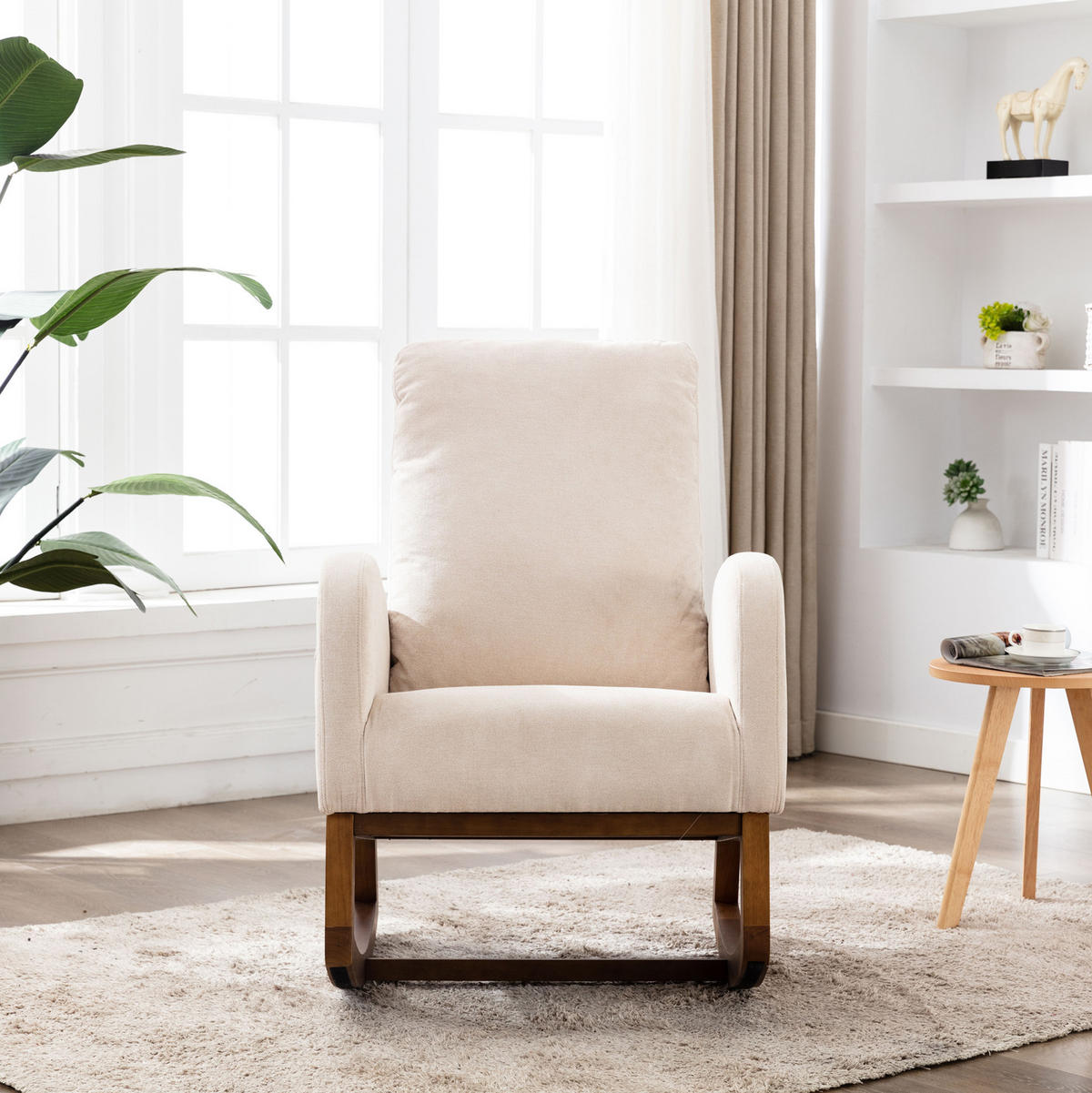 SCHAUKELSTUHL mit hoher Rückenlehne und Leinenbezug – bis 150 kg belastbar - Beige, Textil (94/101/69cm) - BEAOK