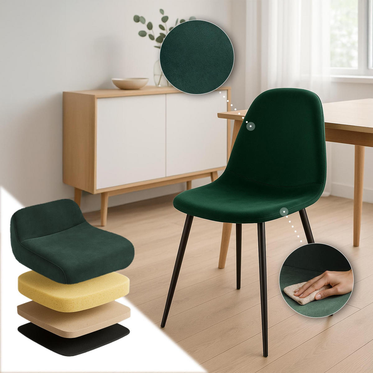 STUHL 4er Set Samt Grün - Schwarz/Grün, Textil/Metall (44/88/51cm) - CLP