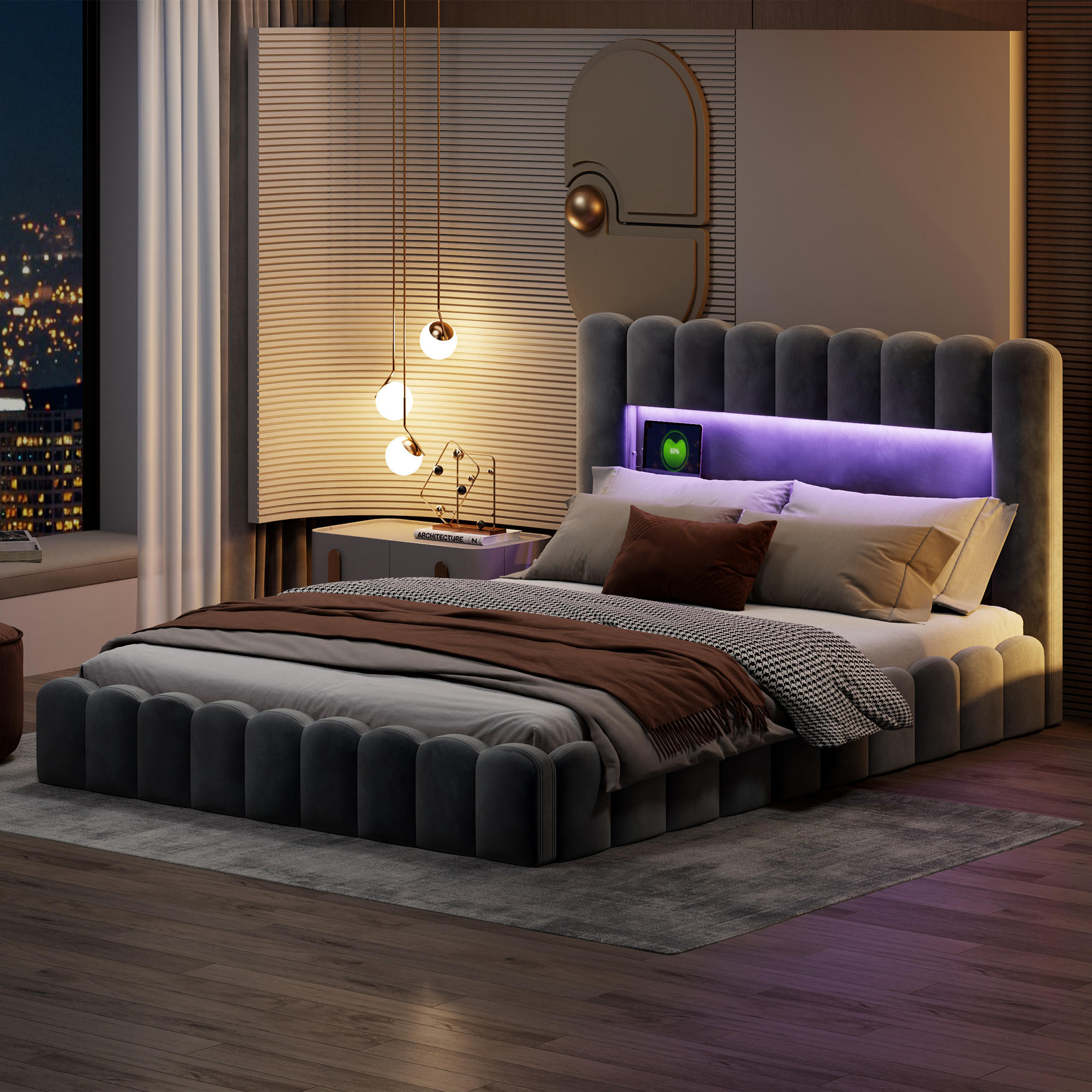 POLSTERBETT 180x200 cm, Grau, mit USB & LED - Hellgrau, Textil/Metall (180/200cm)
