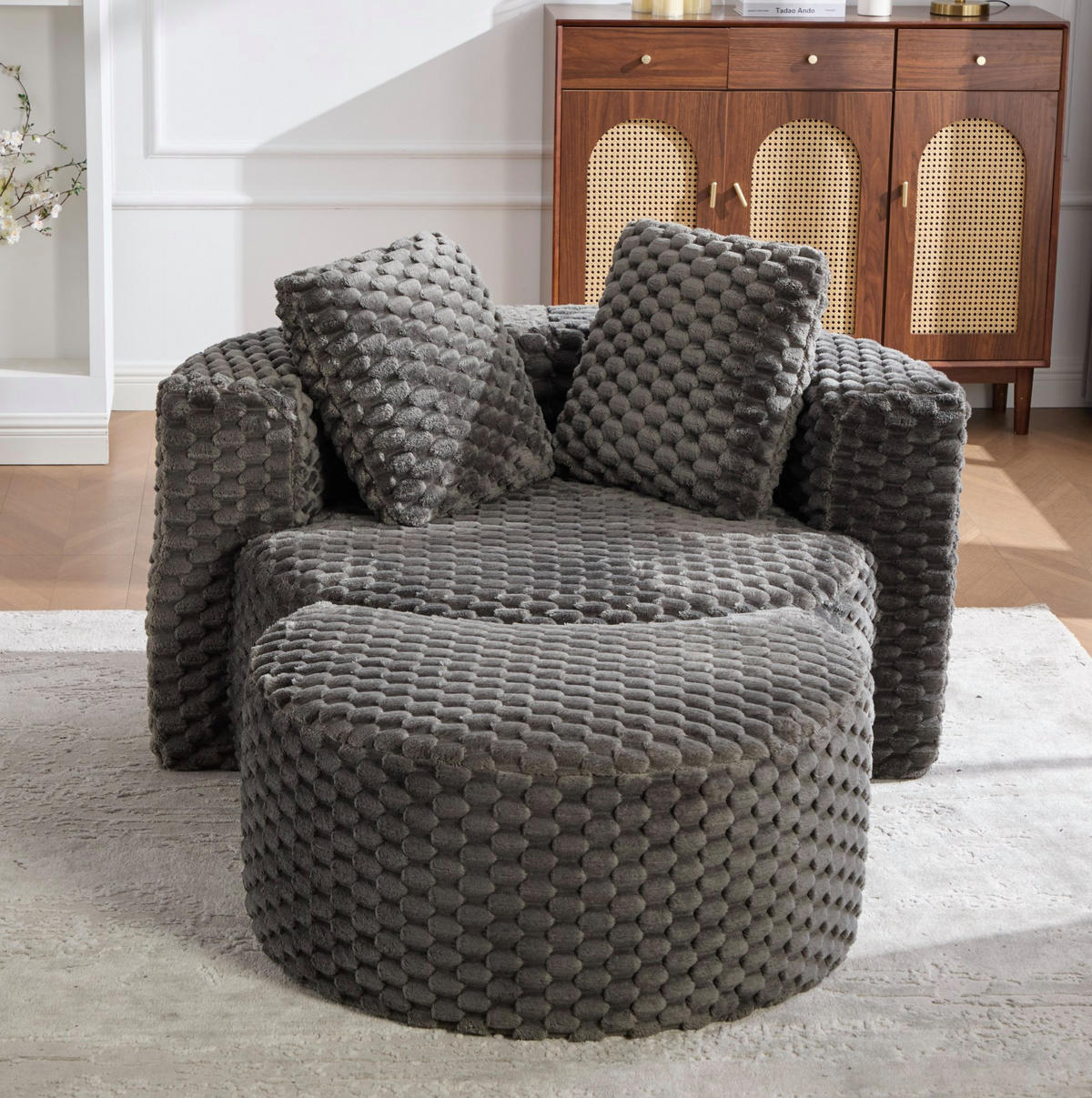 SESSEL 130/115/103 cm mit Hocker, 360°-Fassdesign, Stoffbezug und ohne Montage, Dunkelgrau - Dunkelgrau, Textil (116/65/129cm) - Redom