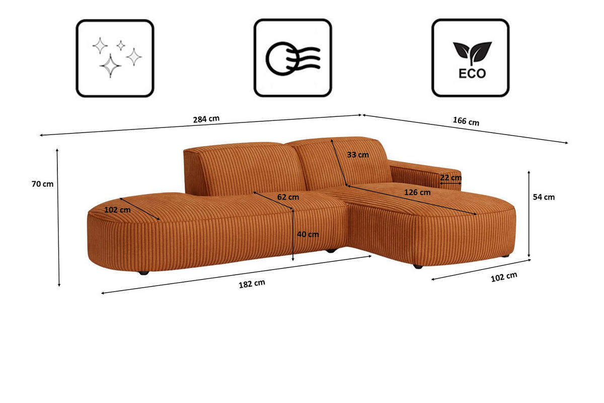 ECKSOFA Cursal Atelier, Stoff Poso, Kupfer, Rechts - Orange, Holz (284/166cm) - Kaiser Möbel