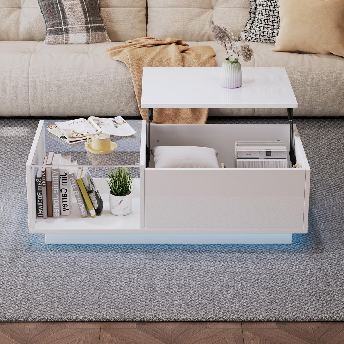 COUCHTISCH Hubtisch 100/50 cm LED 60000 Farben Stauraum Glas Hochglanz Spanplatte modern Wohnzimmer - Weiß, Holzwerkstoff (100/50/33cm) - EVRYAE