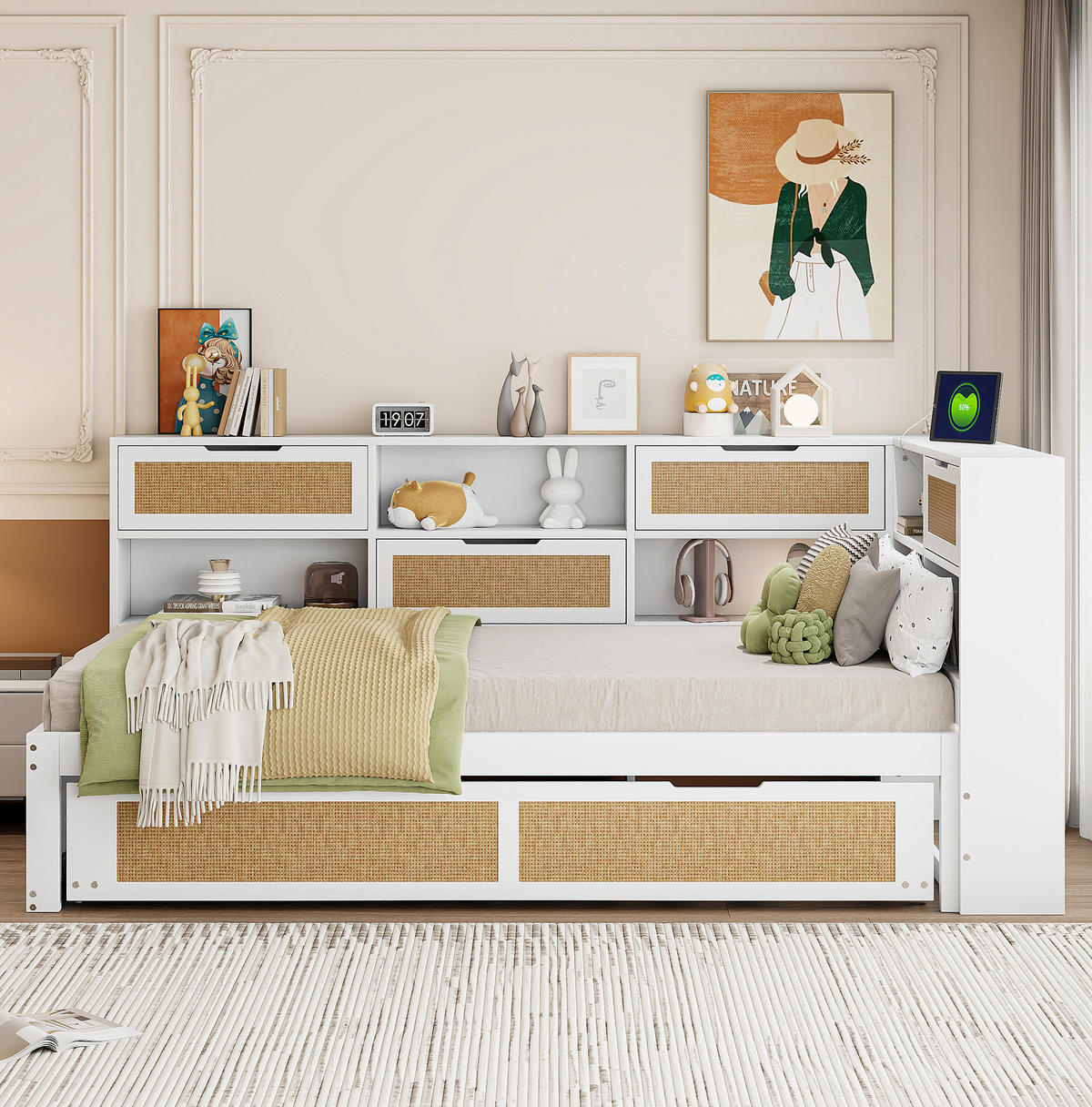 HOLZBETT 90/200 cm in Weiß mit Ausziehbett, Stauraum und USB-Anschluss - Weiß, Holz (90/200cm) - BEAOK