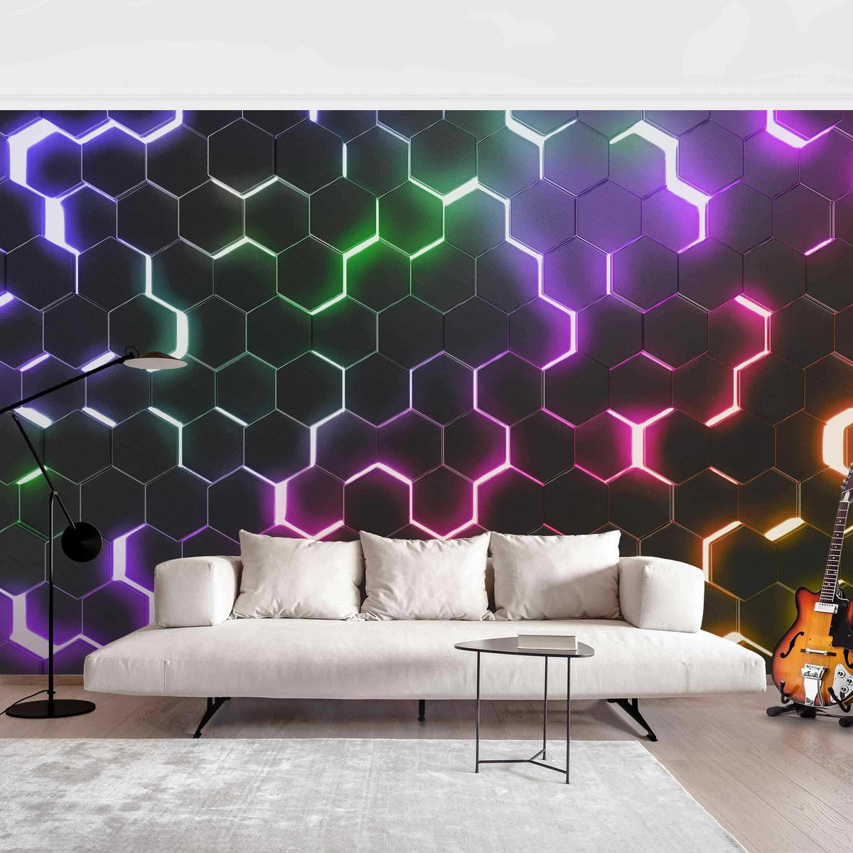 FOTOTAPETE Strukturierte Hexagone mit Neonlicht 336/225 cm - Multicolor, Papier (336/225cm) - Bilderwelten