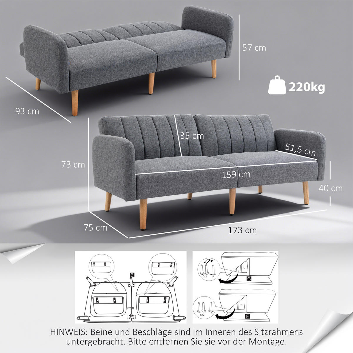 SCHLAFSOFA Klappsofa 2-Sitzer Stoffsofa Sofa mit Schlaffunktion Leinen-Touch - Naturfarben/Grau, Holz/Textil (75/73/173cm) - HOMCOM