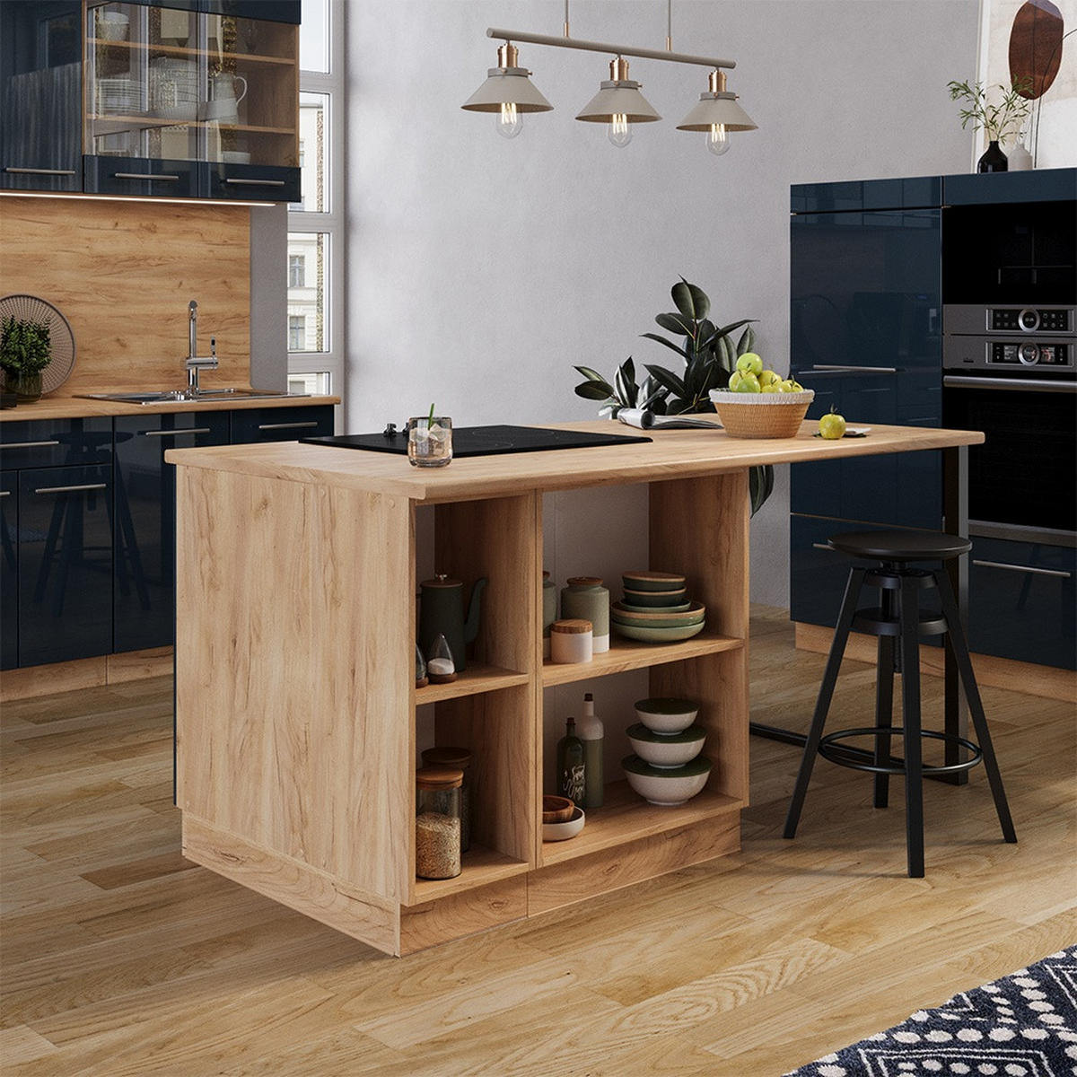 KUHINJSKI OTOK Fame-Line Temno modra z visokim sijajem 90 cm s predalom, brez delovnega pulta - medeni hrast/temno modra, leseni material (90/82/60cm) - Vicco