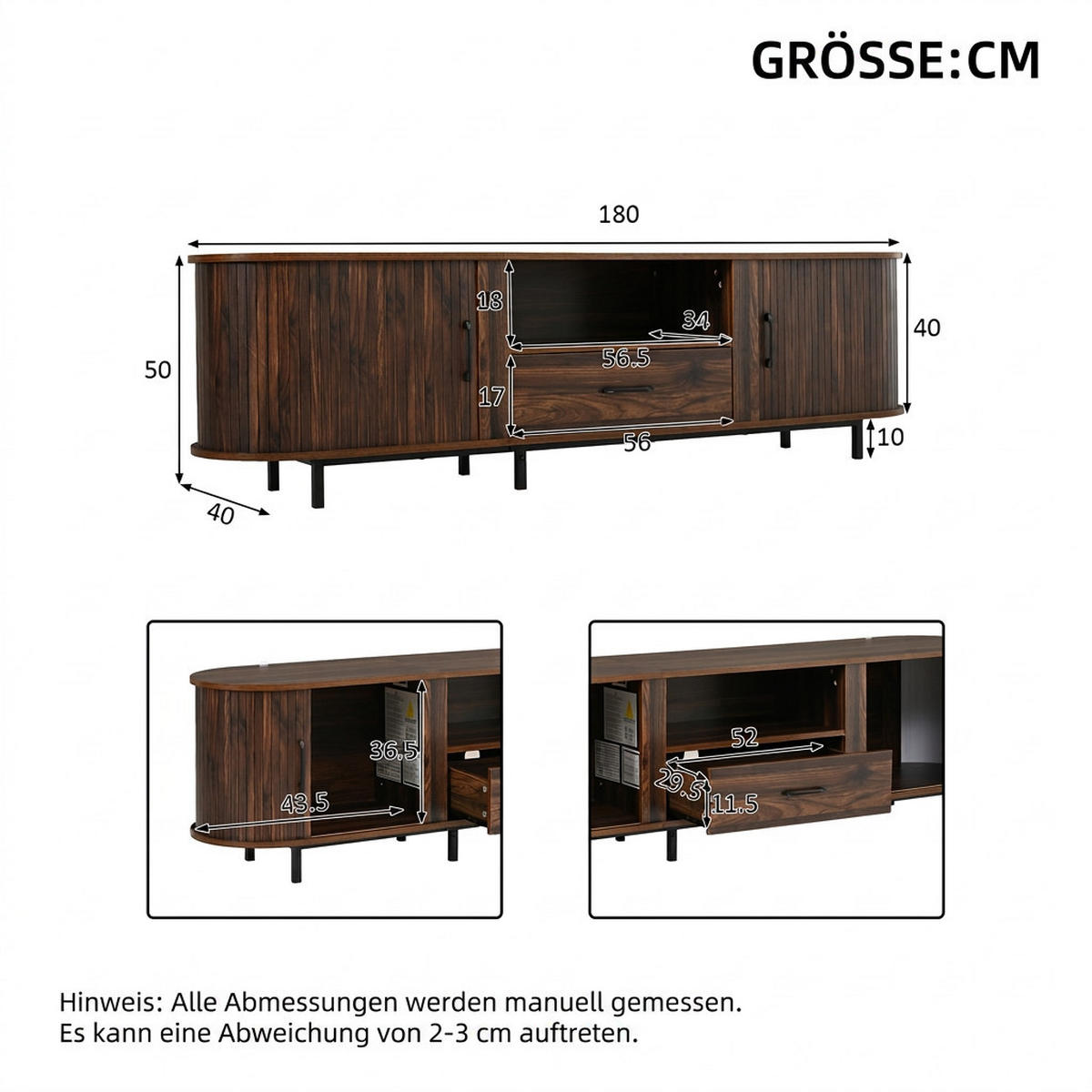 TV-SCHRANK 180/40/45 cm Walnuss mit 1 Schublade und 2 Schiebetüren - Nussbaumfarben, Holzwerkstoff/Metall (180/45/40cm) - Oxeza