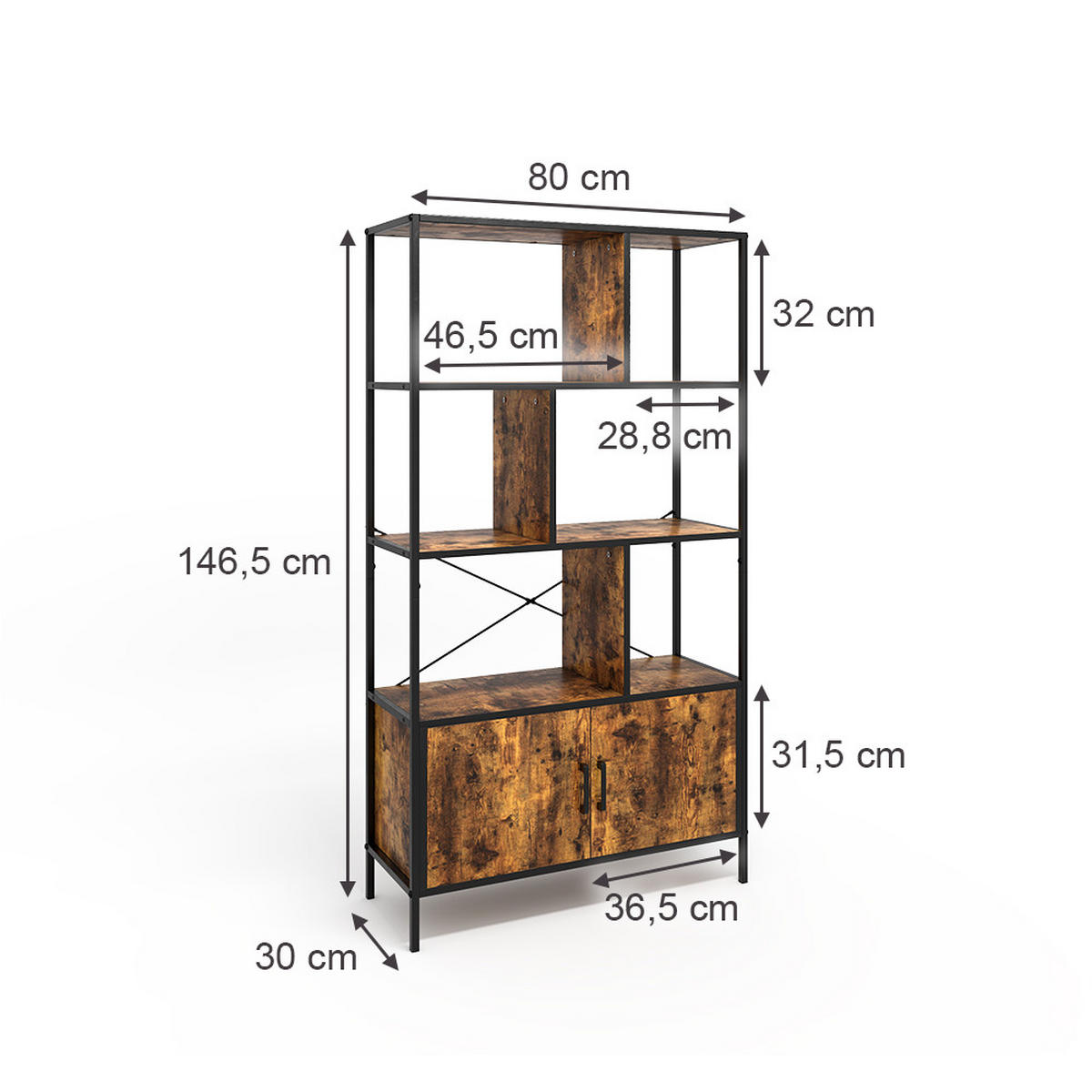 BÜCHERREGAL Fyrk Eiche rustikal 80 x 146.5 cm mit 2 Türen - Wildeiche/Schwarz, Holzwerkstoff (80/146.5/30cm) - Vicco