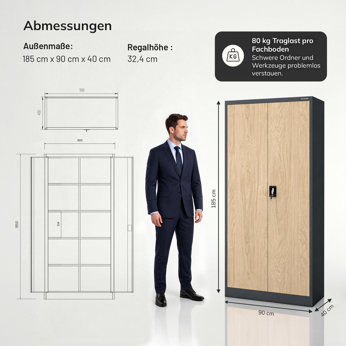 BÜROAKTENSCHRANK JAN 185 x 90 x 40 cm - Anthrazit/Sonoma Eiche, Metall (90/185/40cm) - Jan Nowak