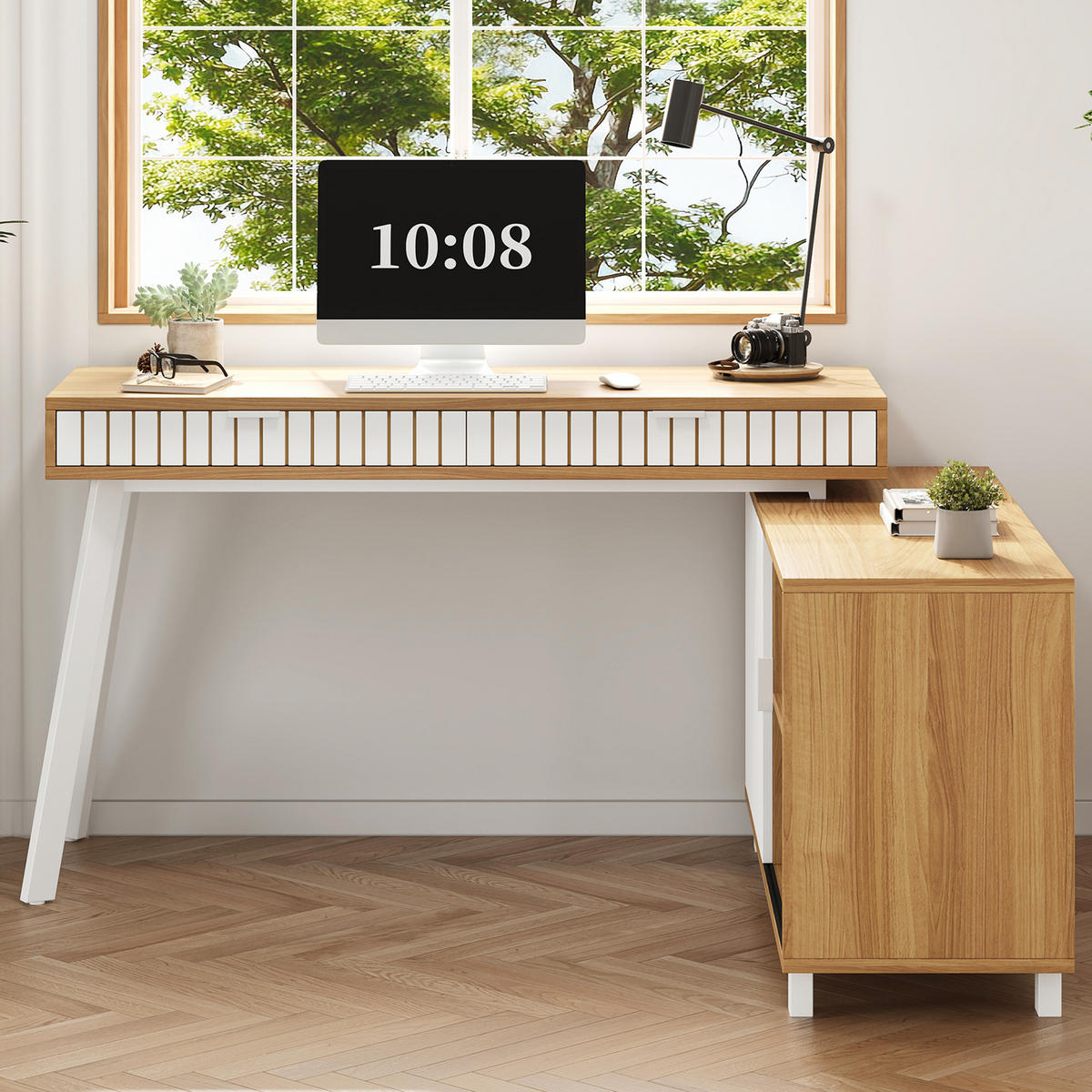 ECKSCHREIBTISCH Naturfarben Weiß 140/120/76,5 cm L-Form mit 2 Schubladen und Schrank - Naturfarben, Holzwerkstoff (120/140/76.5cm) - PANGIVO