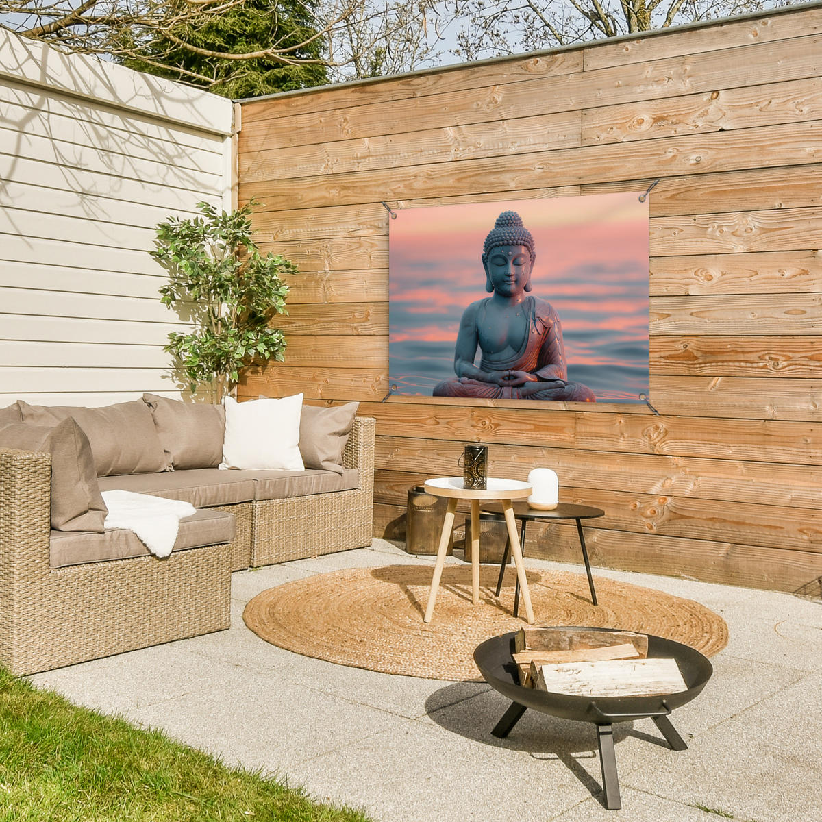 ZAHRADNÍ PLAKÁT Buddha - Socha - Buddha - Voda - Umění - Buddha 90x60 cm - šedohnědá, plast (90/60/0.2cm) - OnlyWow