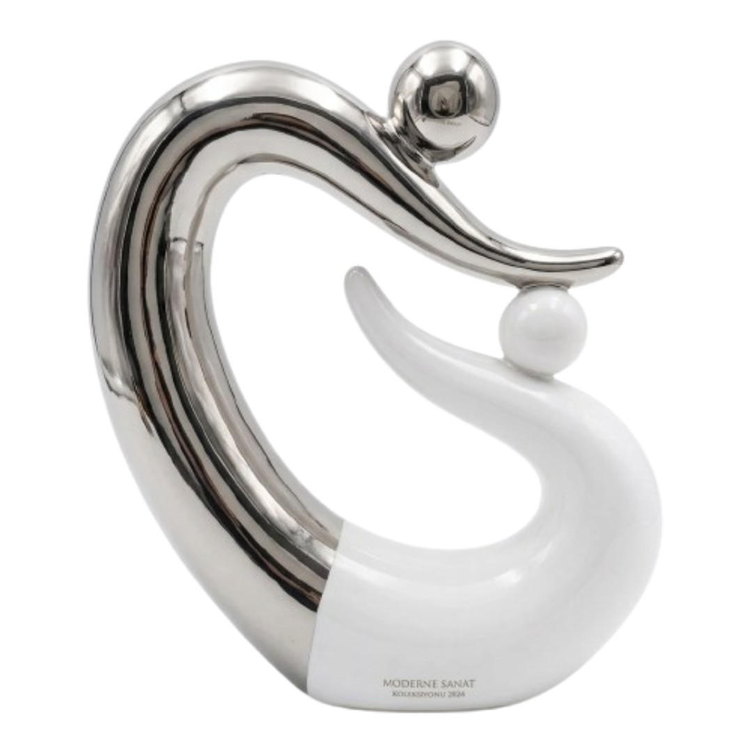 SKULPTUR Keramik 34x28cm, Paar Figur, Silber Weiß, Dekofigur, Wohnzimmer, Büro, Geschenk, Sammler, Moderne Statue, Wohnung Deko, Dekoration, Kunst - Weiß/Nickelfarben, Keramik (28/15/30cm) - Gilde