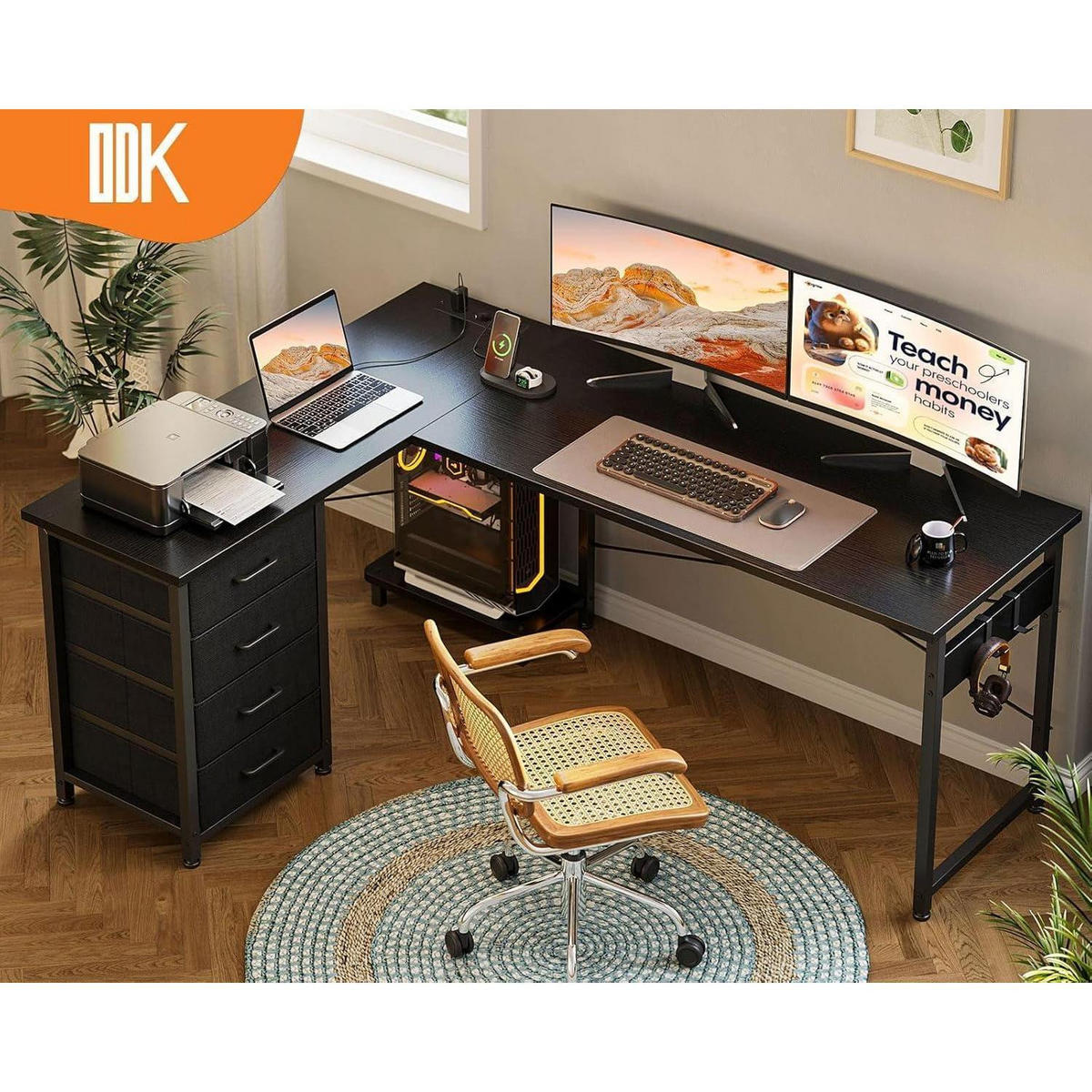 ECKSCHREIBTISCH mit Steckdosen und USB-Anschlüssen 155 x 110 cm Schwarz - Schwarz, Holzwerkstoff (110/155/76cm)