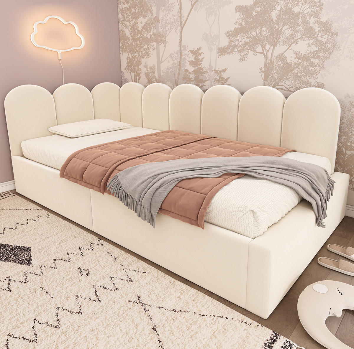 KINDERBETT 90/190 cm Beige mit Stauraum mit Samtbezug - Beige, Textil (90/190cm) - OKWISH