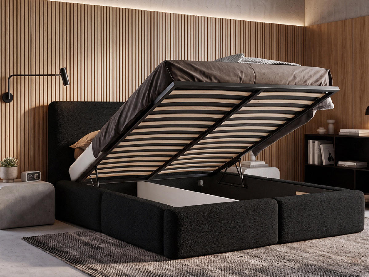 POLSTERBETT LIVIA 160x200 cm mit Bettkasten, Stauraum und Metall-Lattenrost – Bouclé Stoff Schwarz - Schwarz, Textil/Metall (160/200cm) - Luxkor24