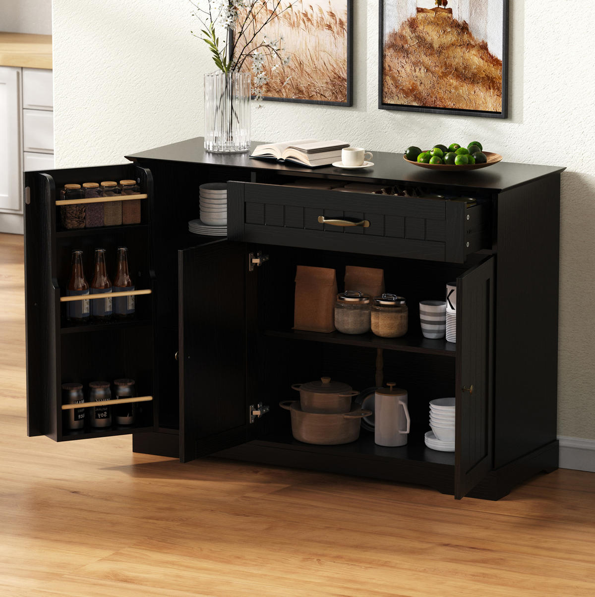 SIDEBOARD 107/40/83.4 cm Schwarz aus MDF mit 3 Türen und Schublade - Schwarz, Holzwerkstoff (40/83.4/107cm) - OKMYHOME