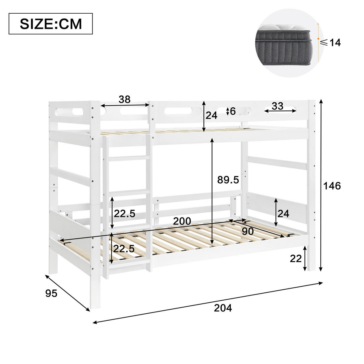 ETAGENBETT 90/200 cm & 90/200 cm in Weiß Kinderbett mit Leiter und Absturzsicherung im schlichten Design - Weiß, Holzwerkstoff (90/200cm) - STILVORA