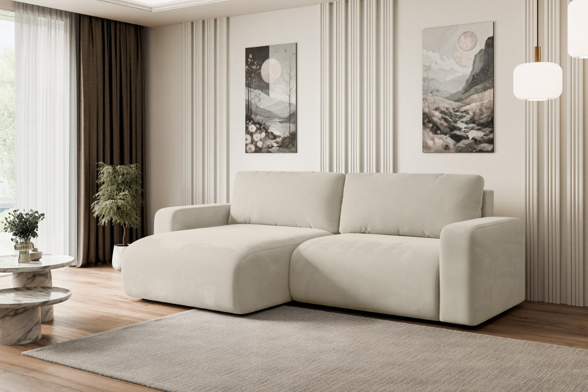 ECKSOFA mit Schlaffunktion und Bettkasten KLEEA-L - 247x143x83 cm Beige Velours - Beige/Schwarz, Holzwerkstoff/Kunststoff (247/143cm) - ALTDECOR