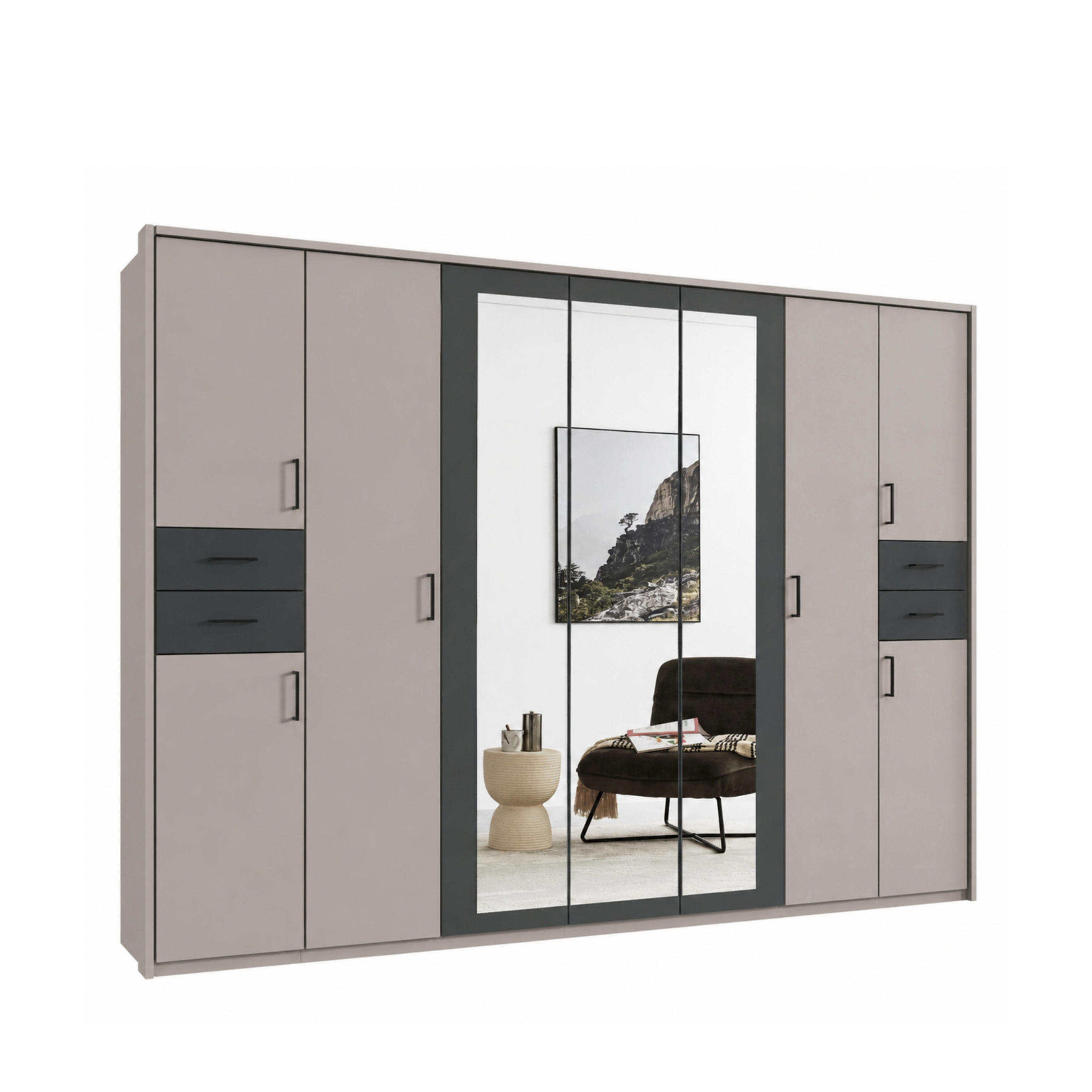 luma-home SKŘÍŇ S OTOČNÝMI DVEŘMI Š313/V210/H58 cm, pískově šedá s grafitovými akcenty, s paspartou, 3 zrcadlovými dveřmi a zásuvkami, černé úchytky /