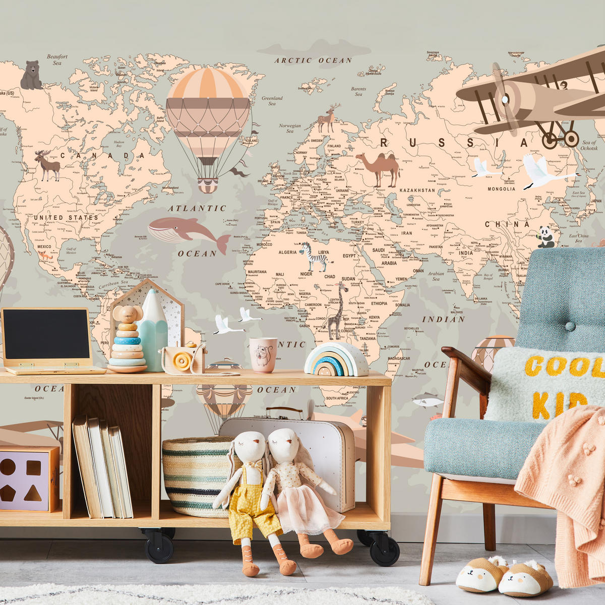 FOTOTAPETE für Kinderzimmer Retro Weltkarte Balony Flugzeuge 500x350 - Beige/Orange, Papier (500/350cm) - Muralo