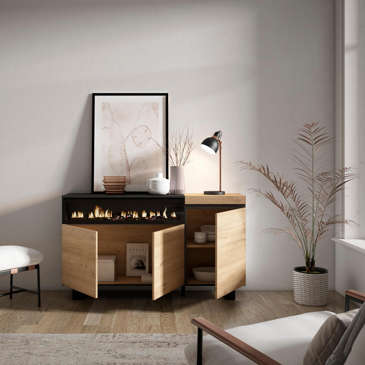 SIDEBOARD eiche, schwarz, 150/35/87cm - Multicolor, Holzwerkstoff (150/87/35cm) - Skraut Home