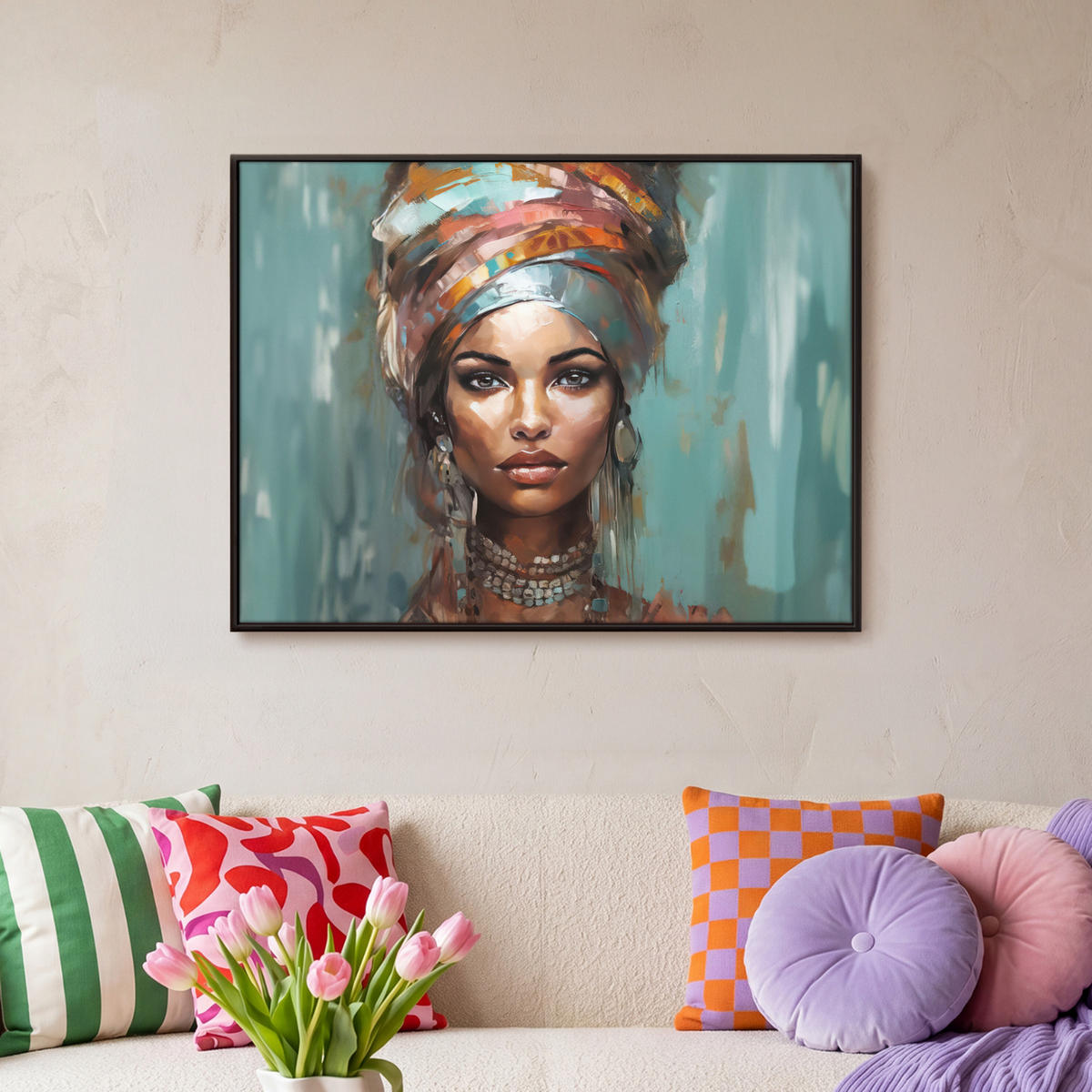 LEINWAND Bilder mit Rahmen - Frau - Kunst - Schmuck - Porträt - 70x50 - Blaugrau, Textil (70/50cm) - MuchoWow
