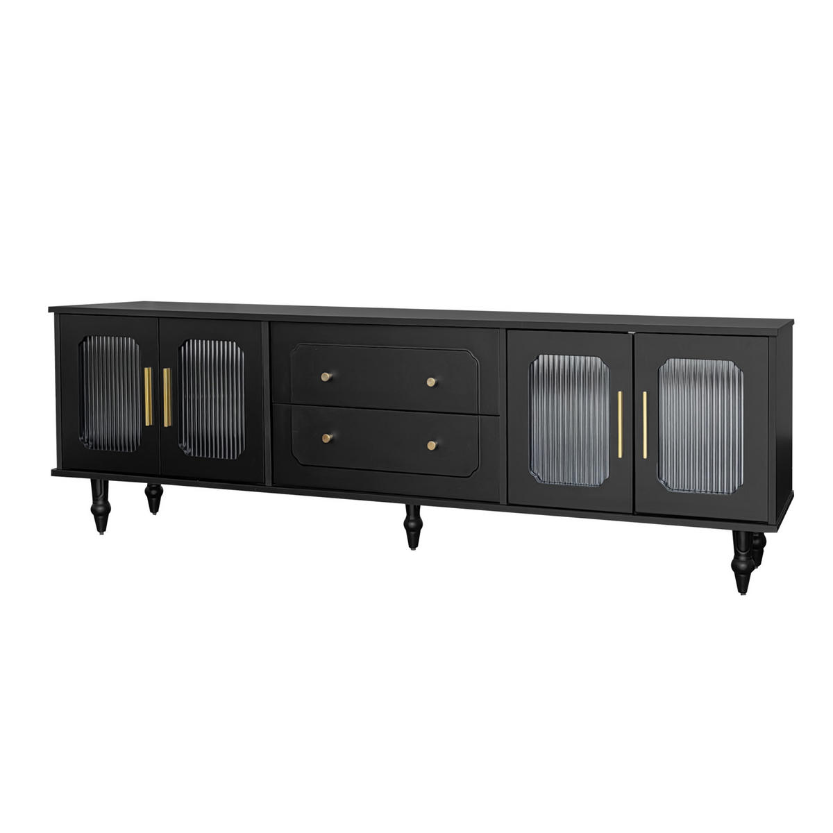 TV-SCHRANK 175/38/55,5 cm schwarz mit geriffelten Glastüren und goldenen Griffen - Schwarz, Holzwerkstoff (175/55.5/38cm) - OKWISH