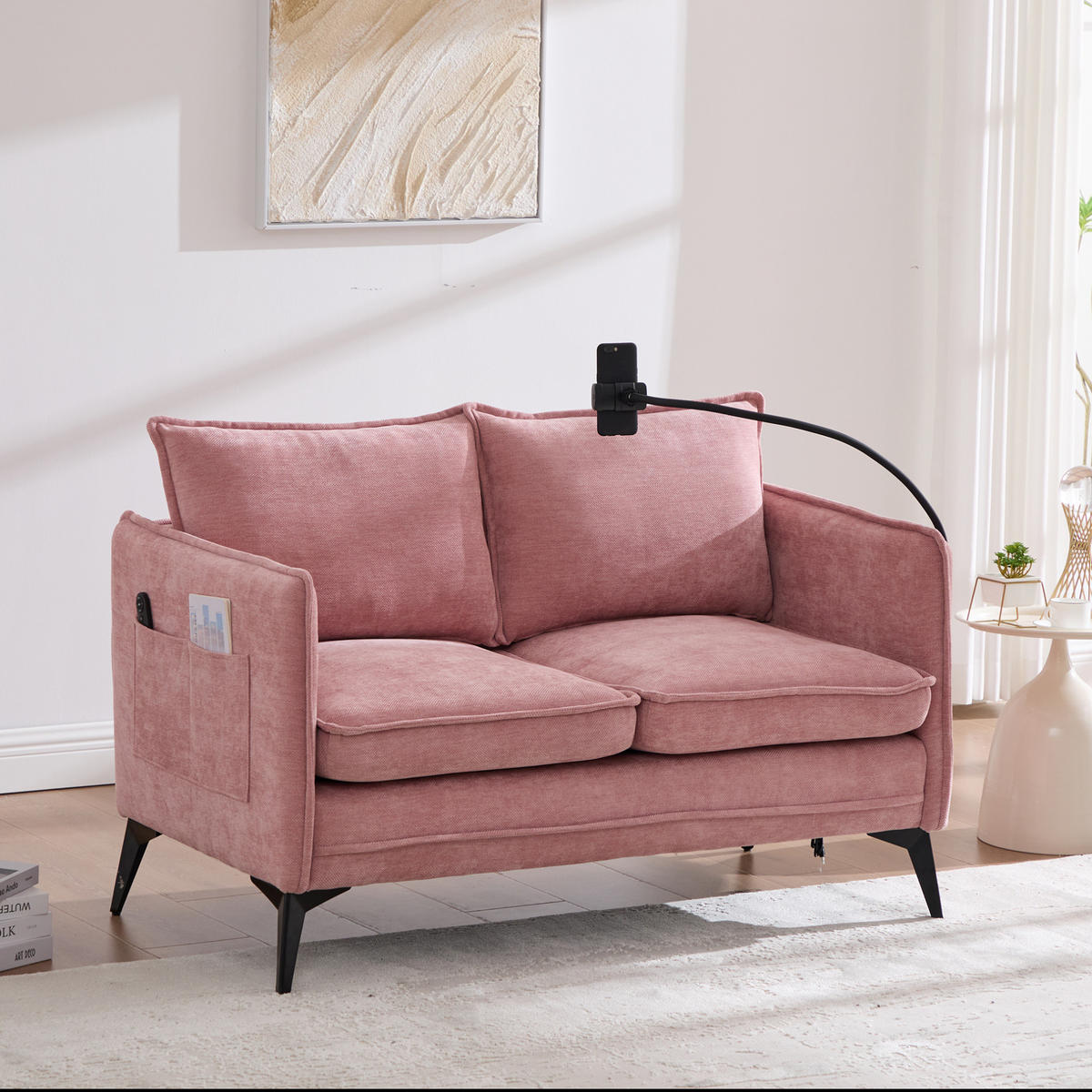2-SITZER-SOFA aus Chenille 127x69x66 cm Pink mit Handyhalter, Seitentaschen und gepolstertem Komfort - Rosa, Textil (69/66/127cm) - Modfu