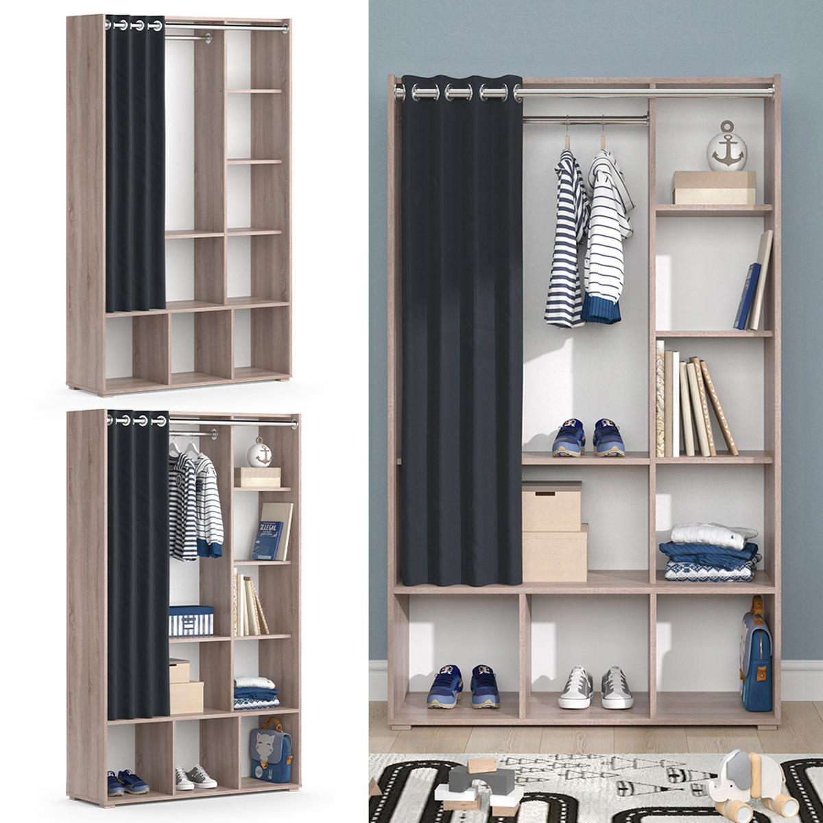 KINDERKLEIDERSCHRANK Luigi Sonoma 105.8 x 178.1 cm mit Vorhang-Kleiderstange - Sonoma Eiche, Holzwerkstoff (105.8/178.1/38cm) - Vicco