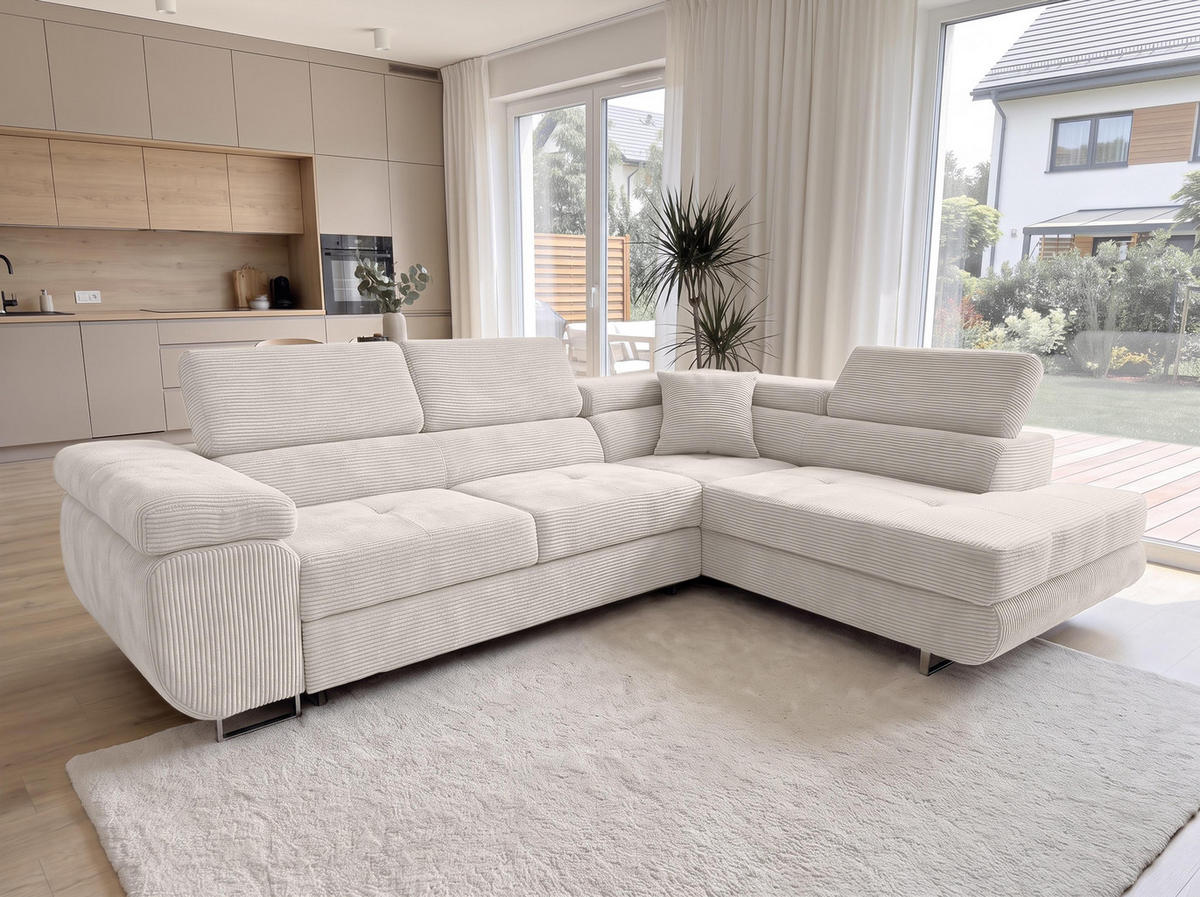 ECKSOFA L Form Konak Cremeweiß 276/201/90 cm Rechts mit Schlaffunktion - Silberfarben/Creme, Textil/Metall (276/203cm) - AX Living