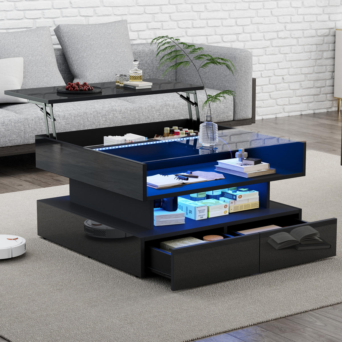 COUCHTISCH in Schwarz Höhenverstellbarer Kaffeetisch mit LED und 2 Schubladen für Wohnzimmer, B80/T80/H45cm - Schwarz, Glas/Holzwerkstoff (80/80/45cm) - STILVORA