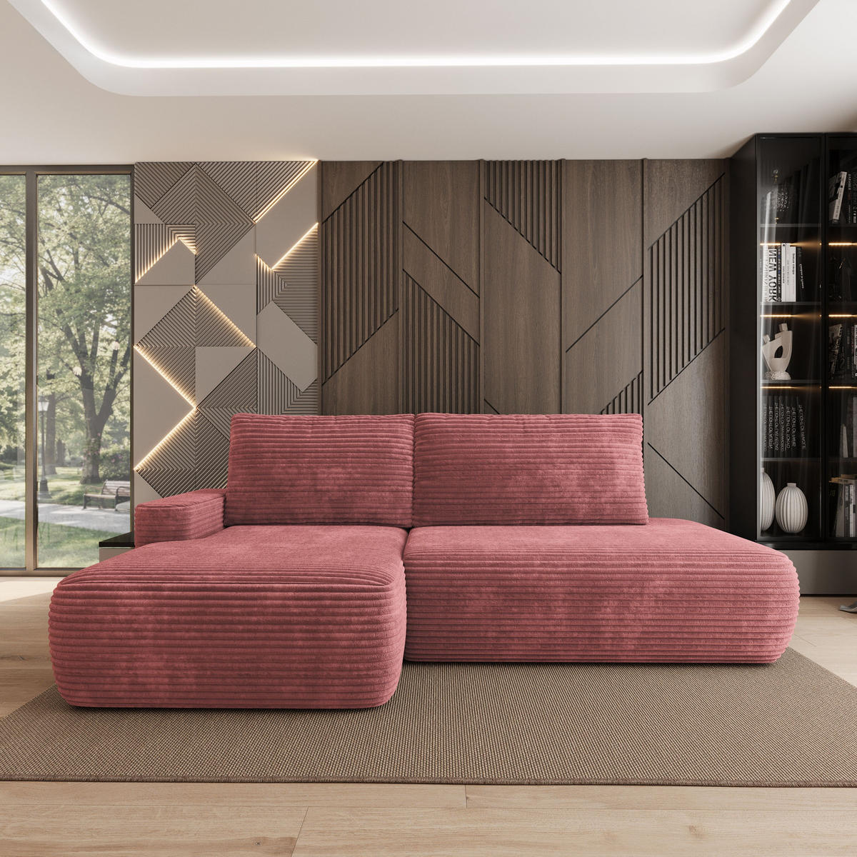 ECKSOFA AVINI T L-S Rosa Kordstoff mit Schlaffunktion - Rosa, Holzwerkstoff/Textil (277/160cm) - MASSENO