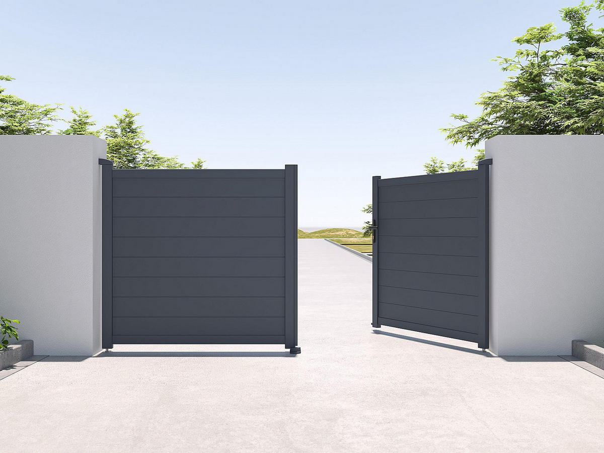 GARTENTOR Flügeltor Doppeltor mit Torantrieb - 305 x 150 cm - voll - Aluminium - Anthrazit - NAZARIO - Anthrazit, Metall (300/145cm) - Vente-Unique