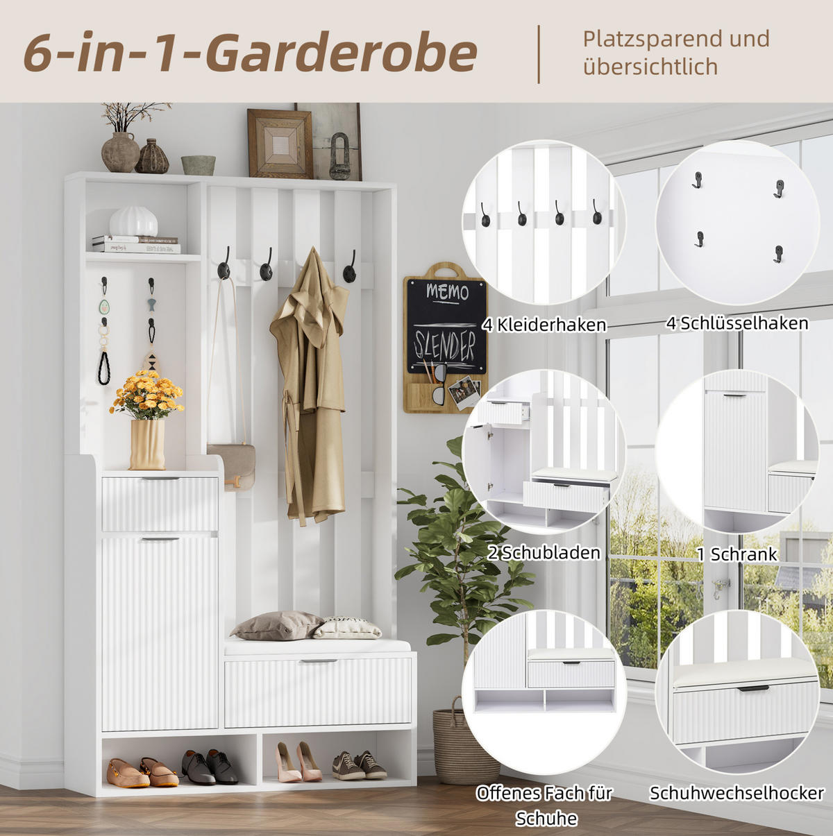 GARDEROBENKOMBINATION 100/30/180 cm aus Spanplatte mit Sitzbank, Schubladen und Kippschutz Weiß - Weiß, Holzwerkstoff (100/180/30cm) - Modenvie