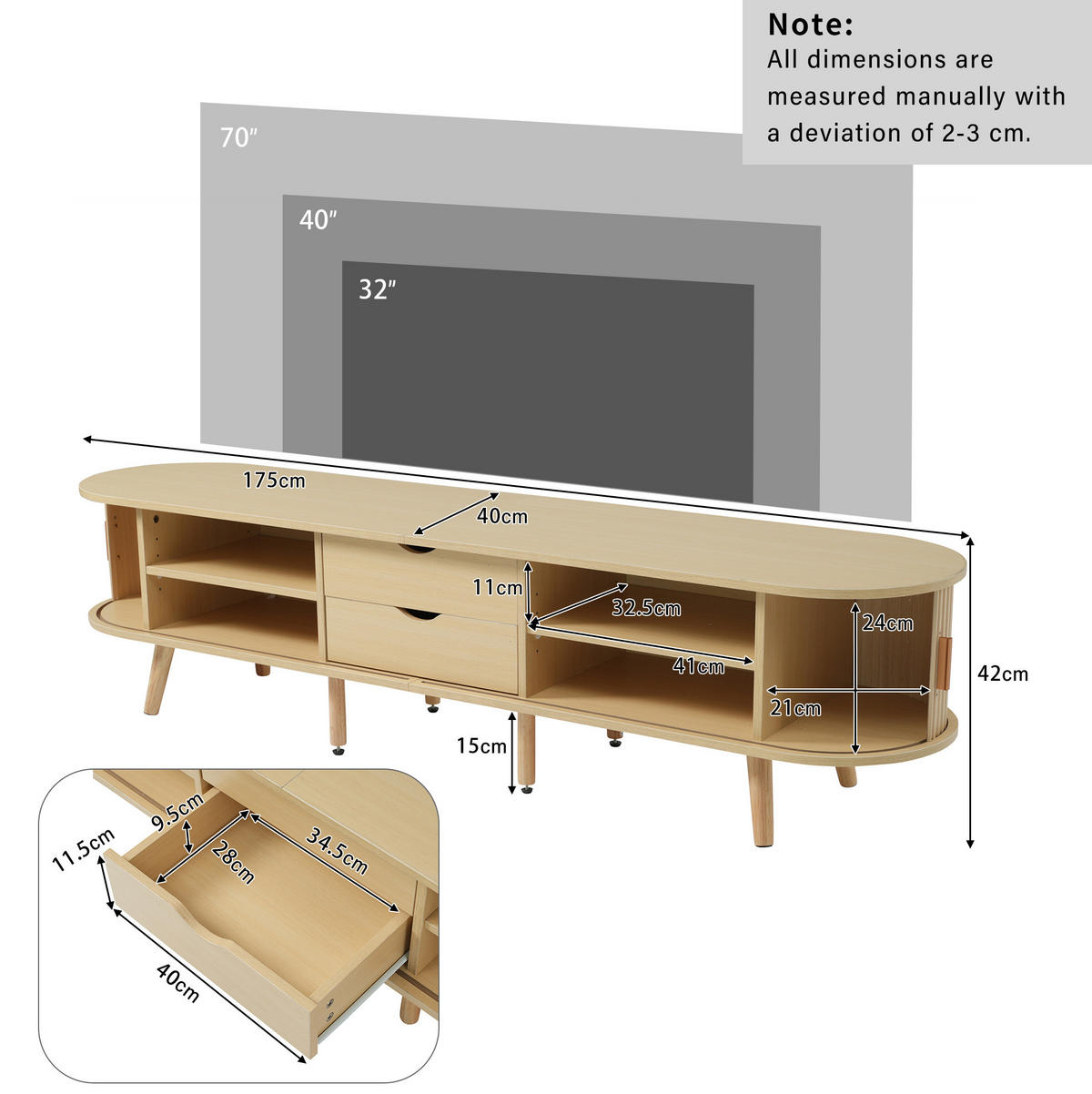 LOWBOARD 175/40/42 cm aus MDF mit Schiebetüren und 2 Schubladen Helles Walnussholz - Alteiche, Holzwerkstoff (175/42/40cm) - Modenvie