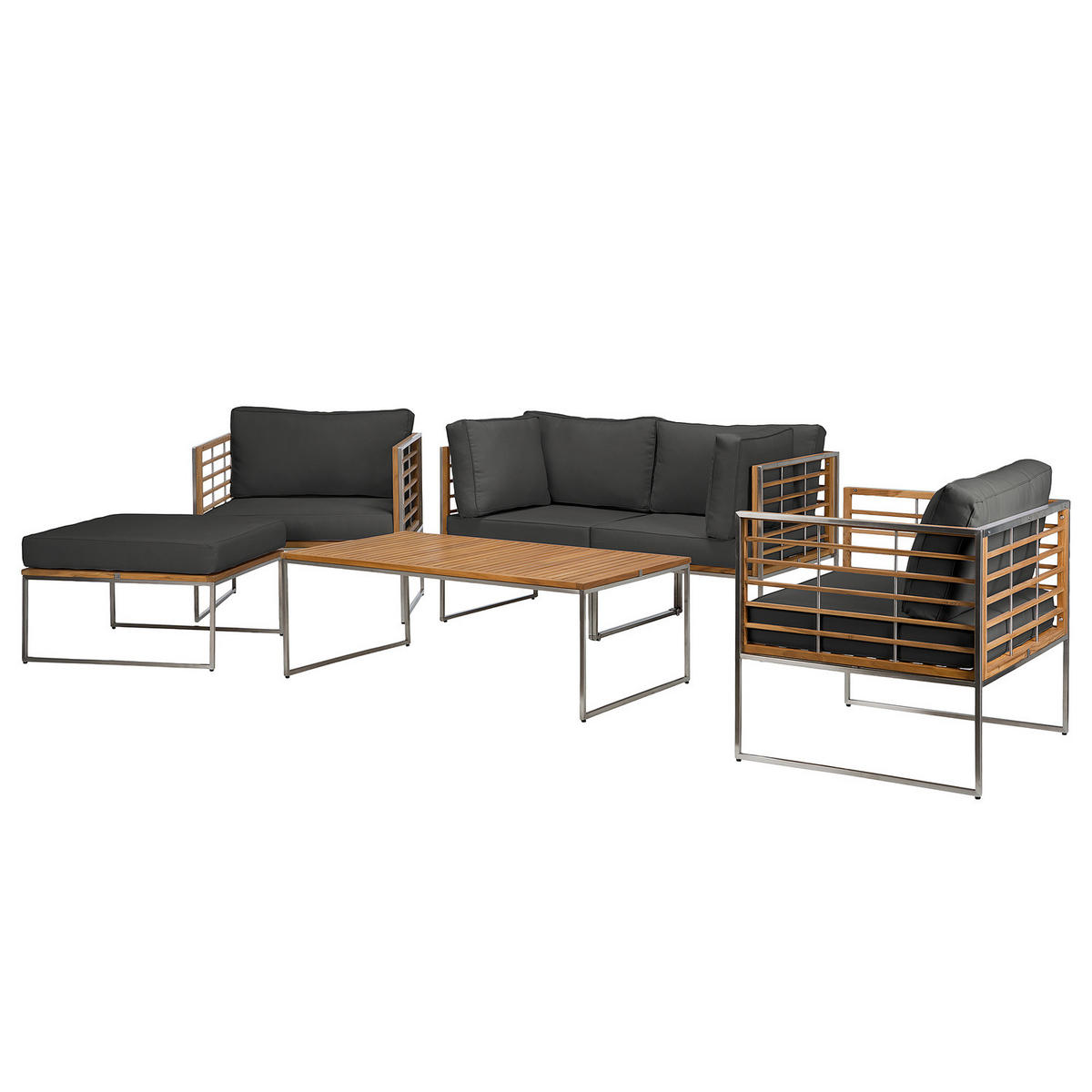 LOUNGEGRUPPE - 6-teilig - Webstoff / Teak massiv - Anthrazit, Holz/Textil - home24