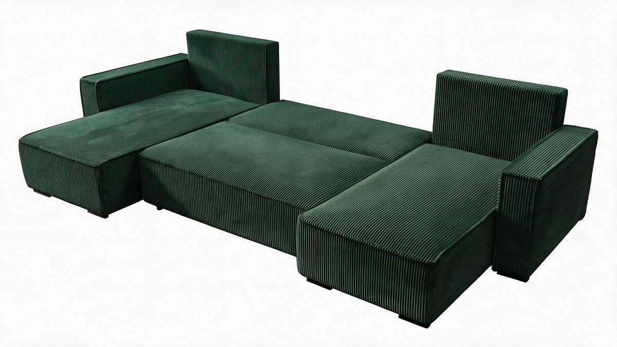 WOHNLANDSCHAFT CUDDY U mit Schlaffunktion und Bettkasten, Farbe: Grün, Cordstoff - Grün, Textil (305/85/140cm) - Storez24