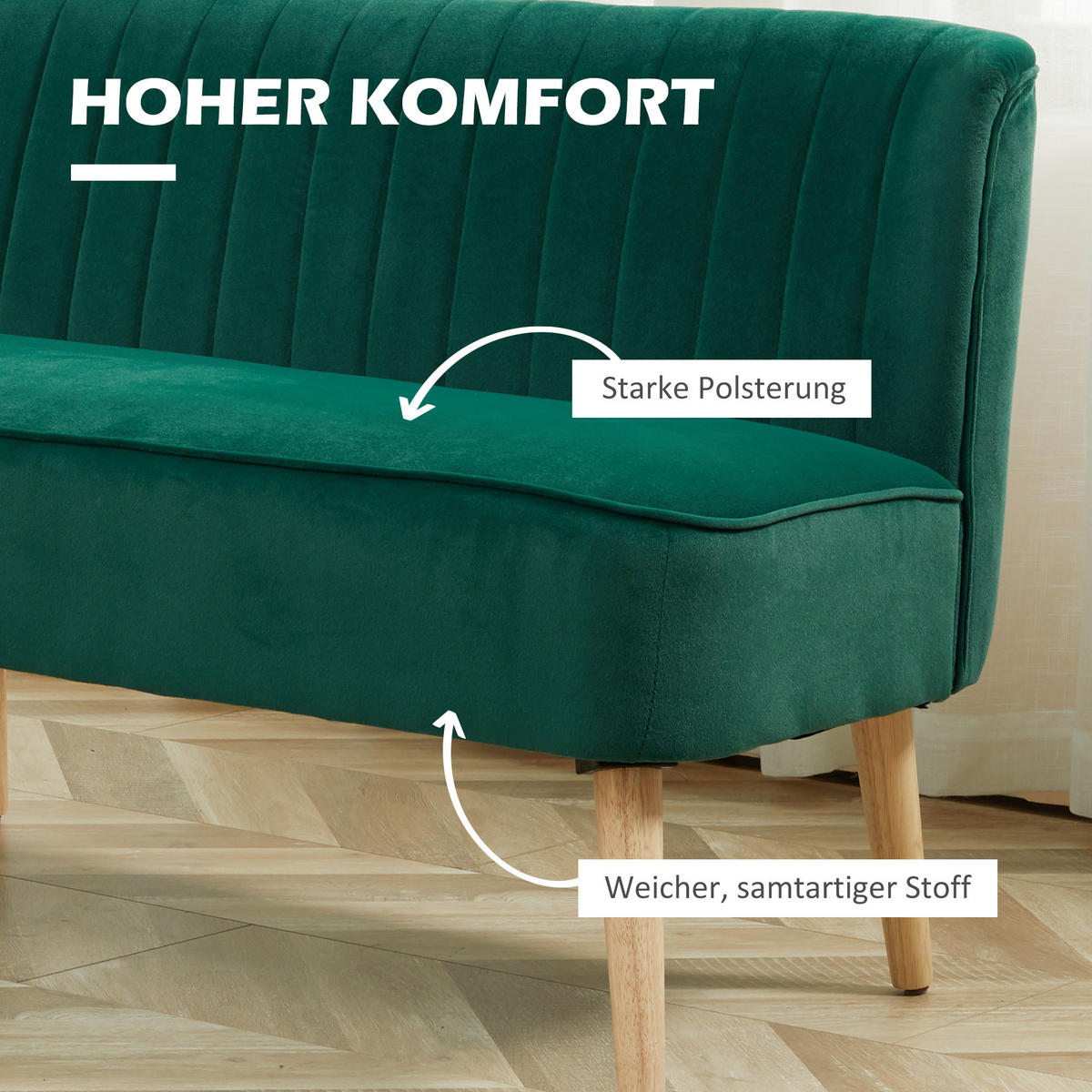SOFA 2-Sitzer Couch Stoffsofa Sitzmöbel Polstersofa Loungesofa breit Dunkelgrün - Dunkelgrün/Naturfarben, Holz/Textil (56.5/77/117cm) - HOMCOM