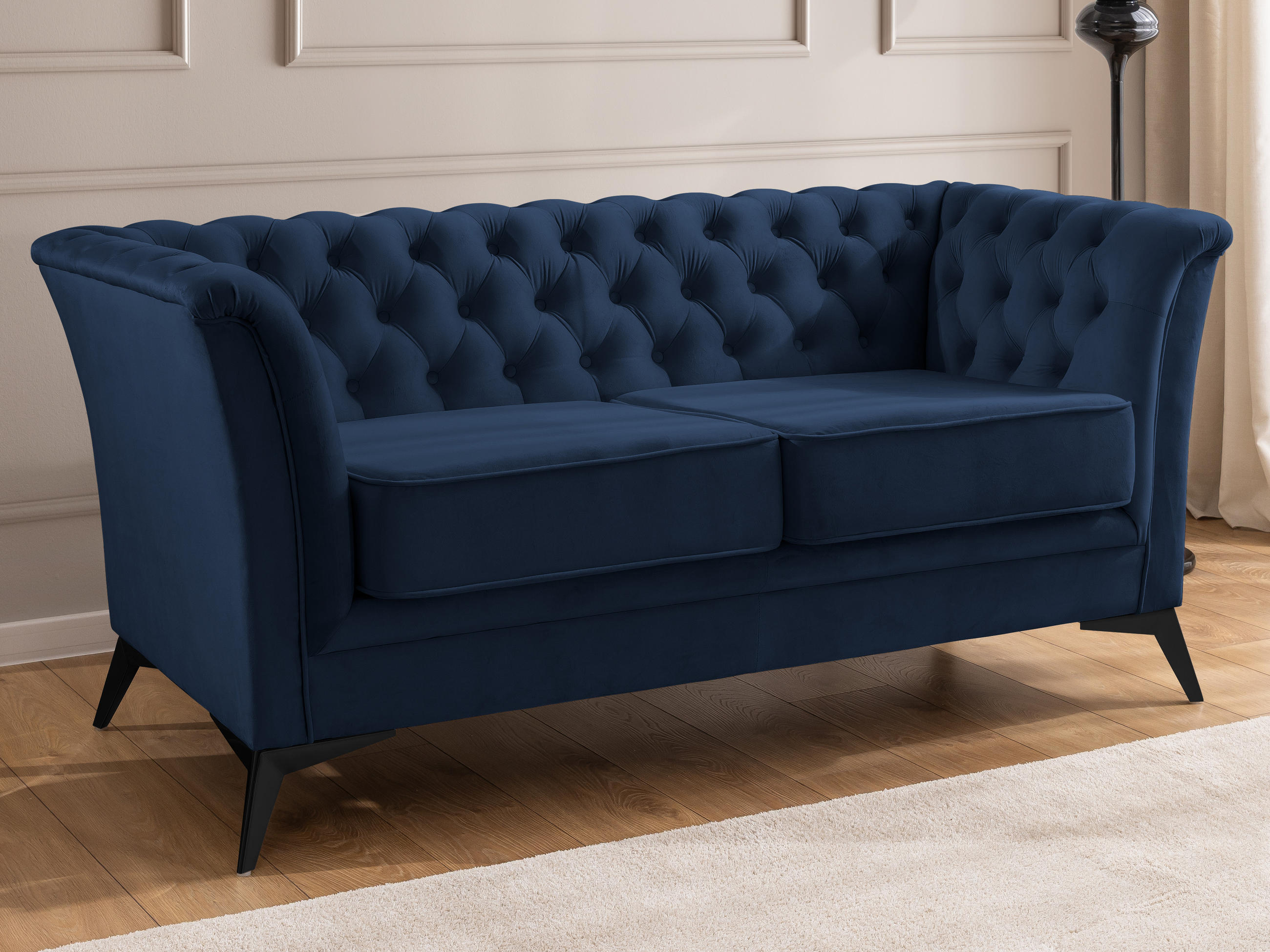 CHESTERFIELD-SOFA 2-sitzer Whitby Marineblau Samt mit schwarzen Füßen - Schwarz/Dunkelblau, Holz/Textil (175/78/82cm) - S-Style Möbel